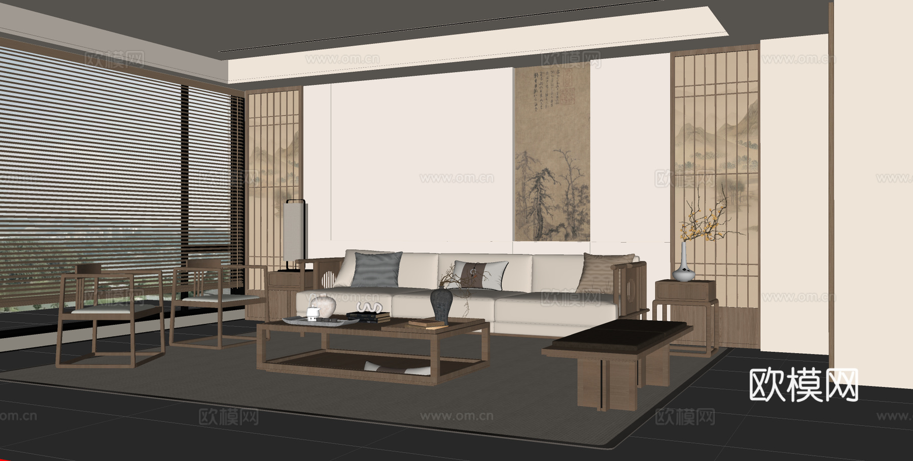 宋式禅意客厅 沙发背景墙 禅意沙发组合 圆形茶几su模型