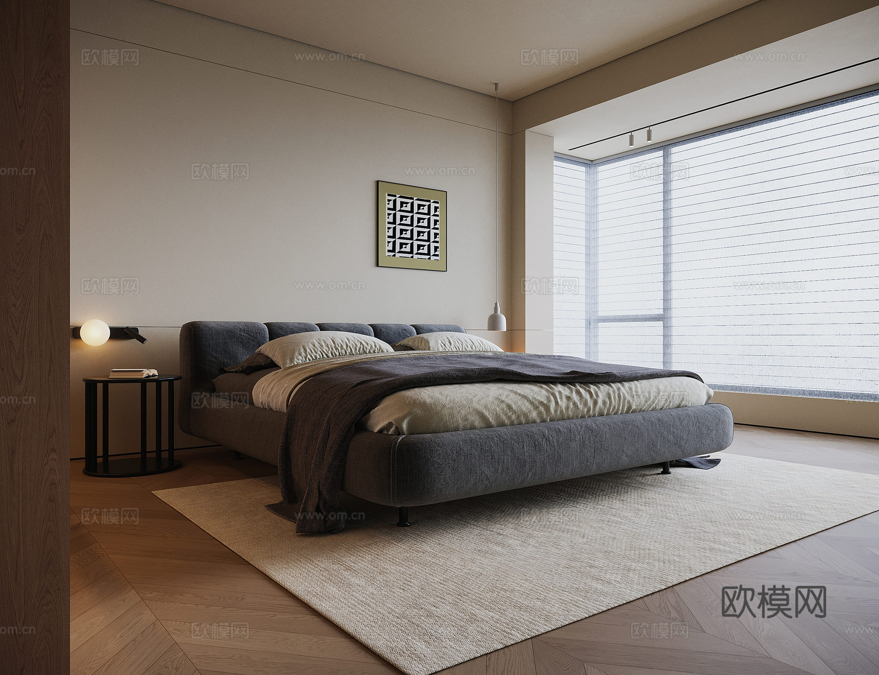 现代卧室 双人床su模型