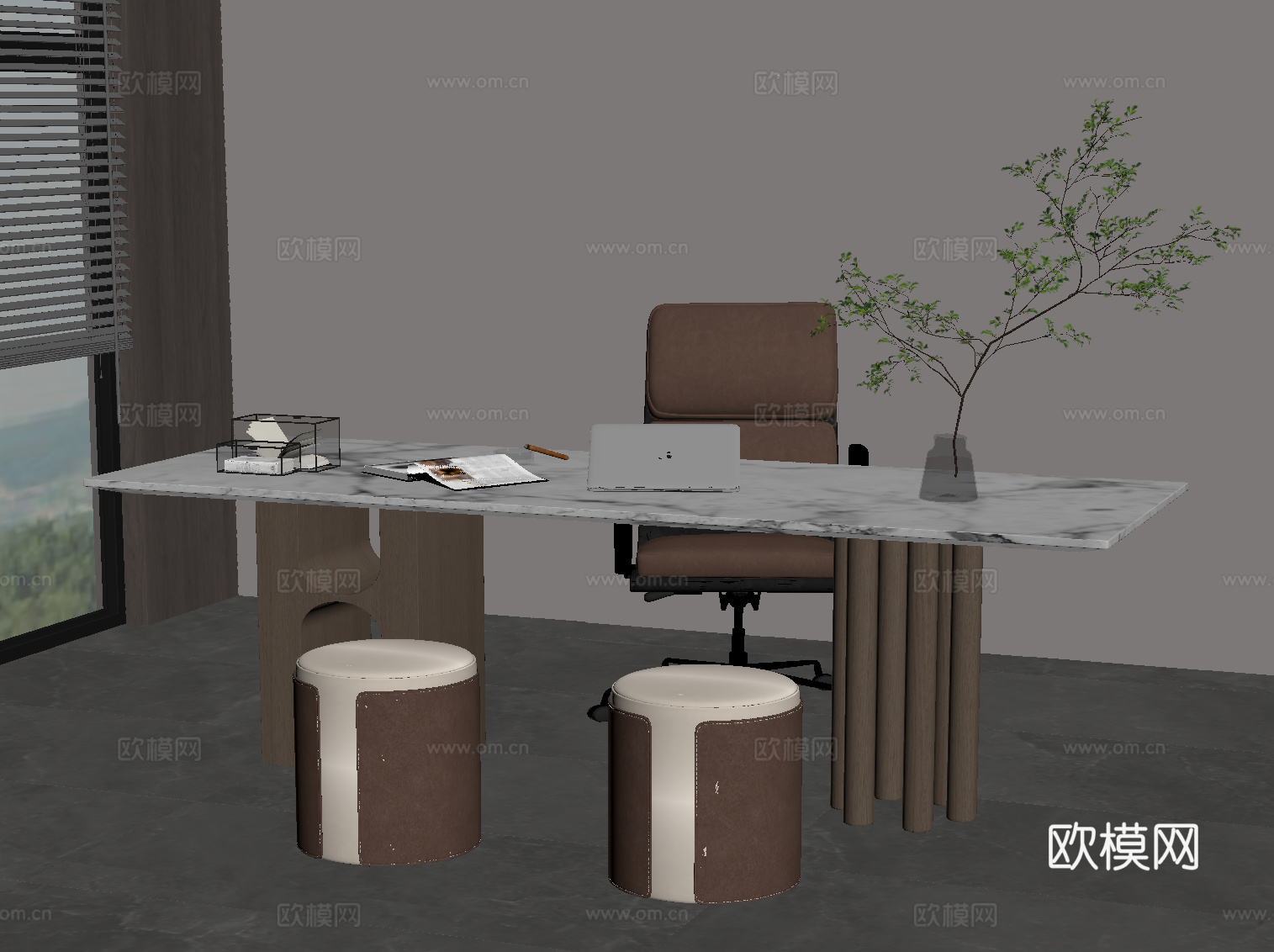 现代意式书桌椅 办公桌椅su模型