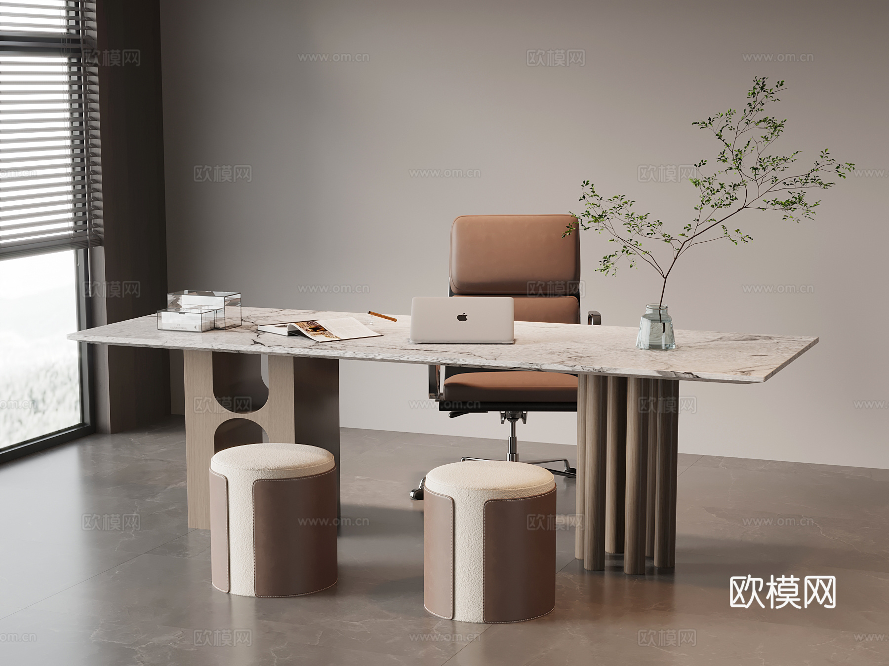 现代意式书桌椅 办公桌椅su模型