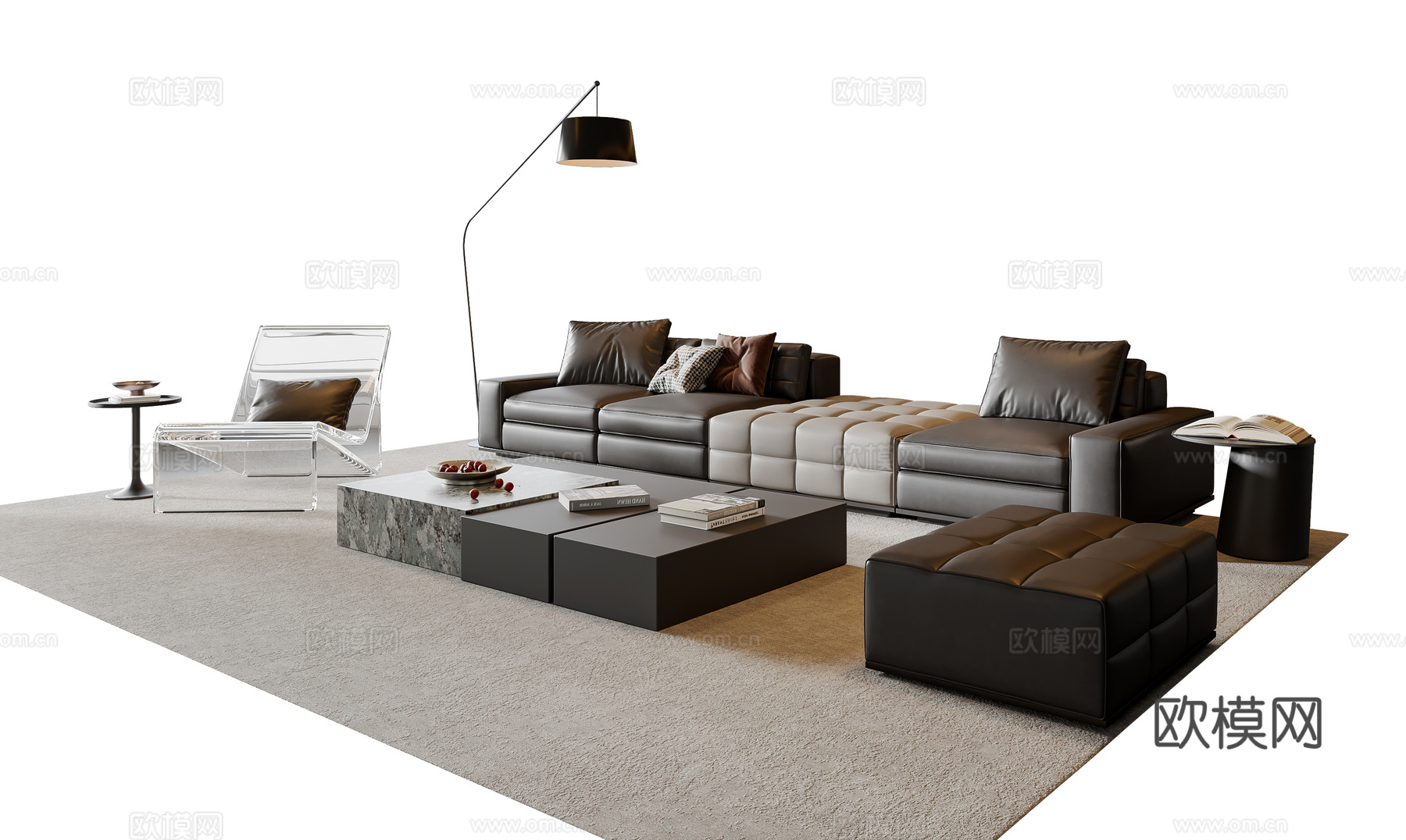 现代意式沙发茶几组合 多人沙发 皮质沙发 休闲椅 地毯su模型