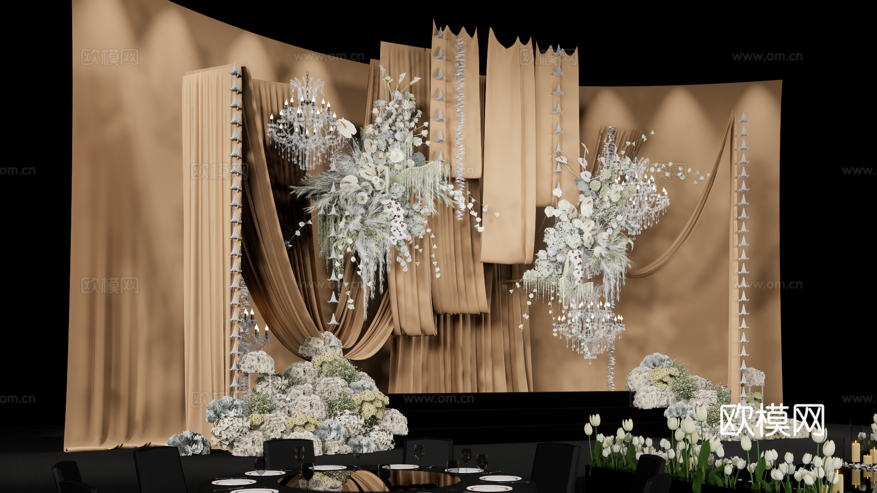 香槟色小众布幔造型婚礼花艺美陈su模型