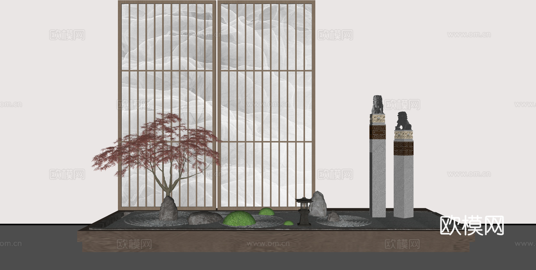 新中式景观小品 绿植景观 红枫树 拴马柱su模型