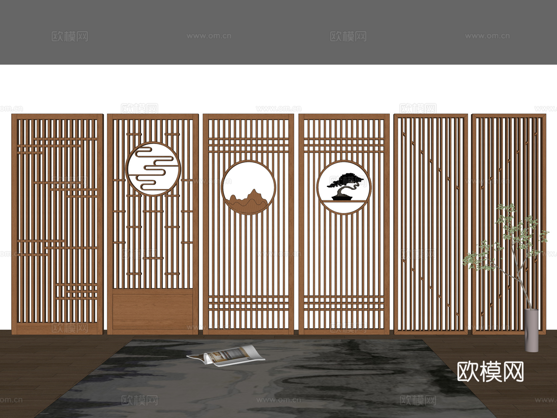 新中式镂空屏风隔断 木质隔断屏风 格栅隔断屏风 中式实木隔断su模型
