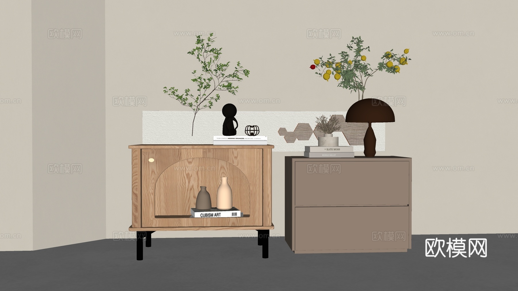 现代简约边柜 矮柜 原木色 弧形玻璃门 边柜 波纹玻璃su模型