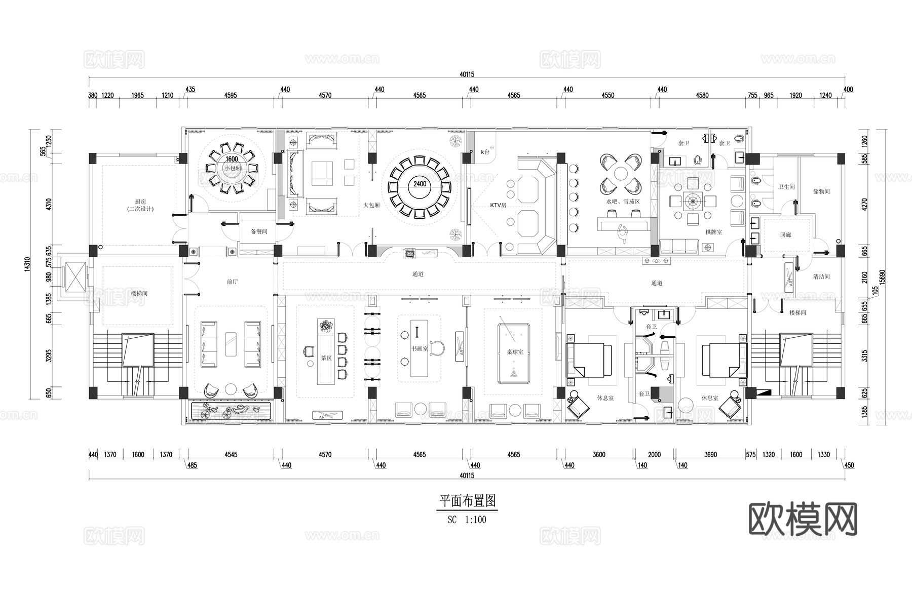 休闲接待会所平面布置图cad施工图