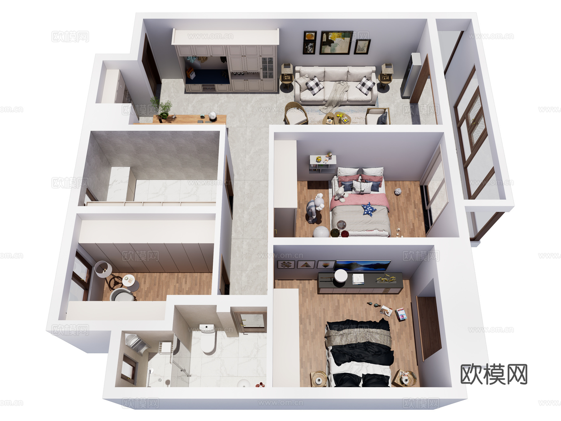 现代简约家装鸟瞰 简约室内家装空间 鸟瞰图 现代家装样板房su模型