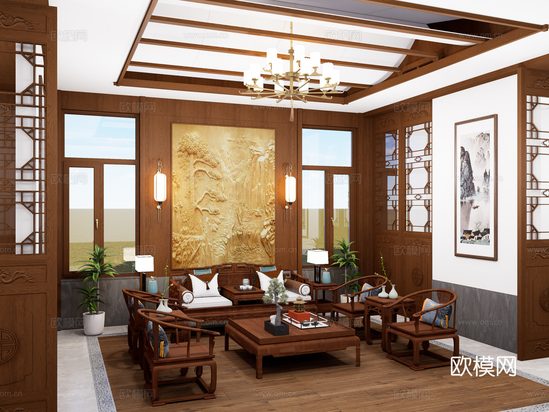 新中式家居客厅 别墅家居客厅 中式沙发茶几组合 新中式吊顶su模型