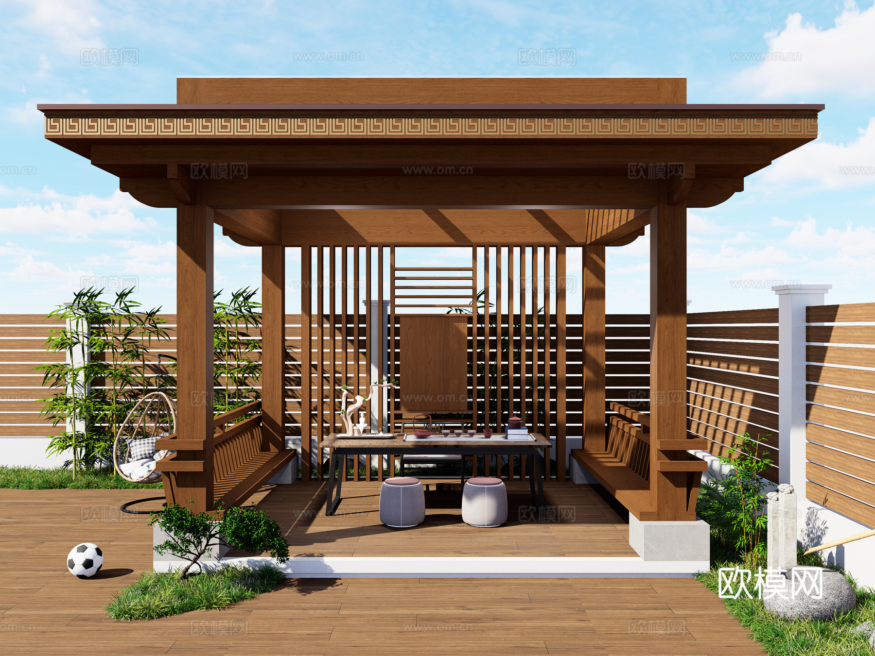 新中式实木凉亭 廊架 庭院凉亭 花园亭子 休闲庭院凉亭su模型