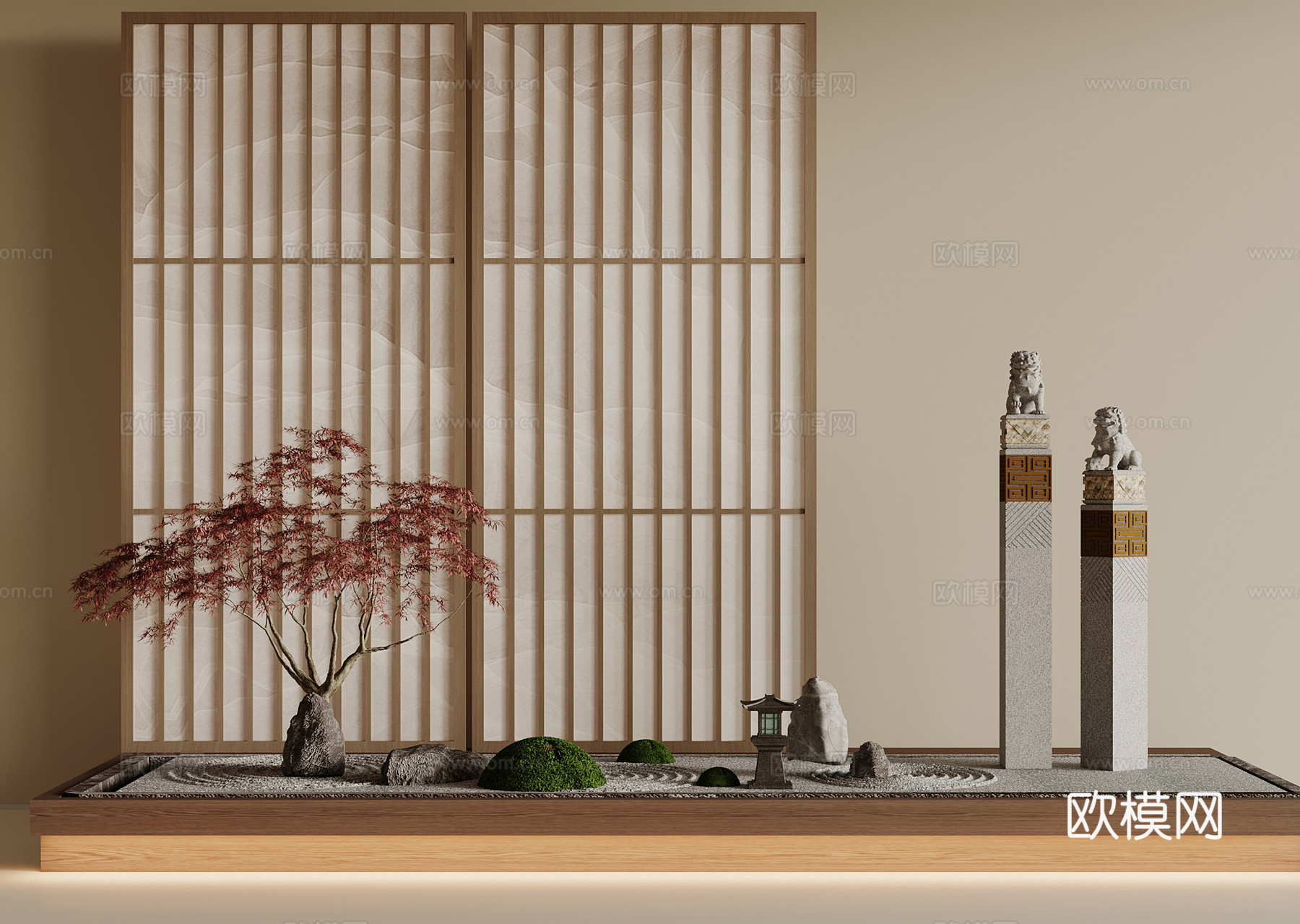 新中式景观小品 绿植景观 红枫树 拴马柱su模型