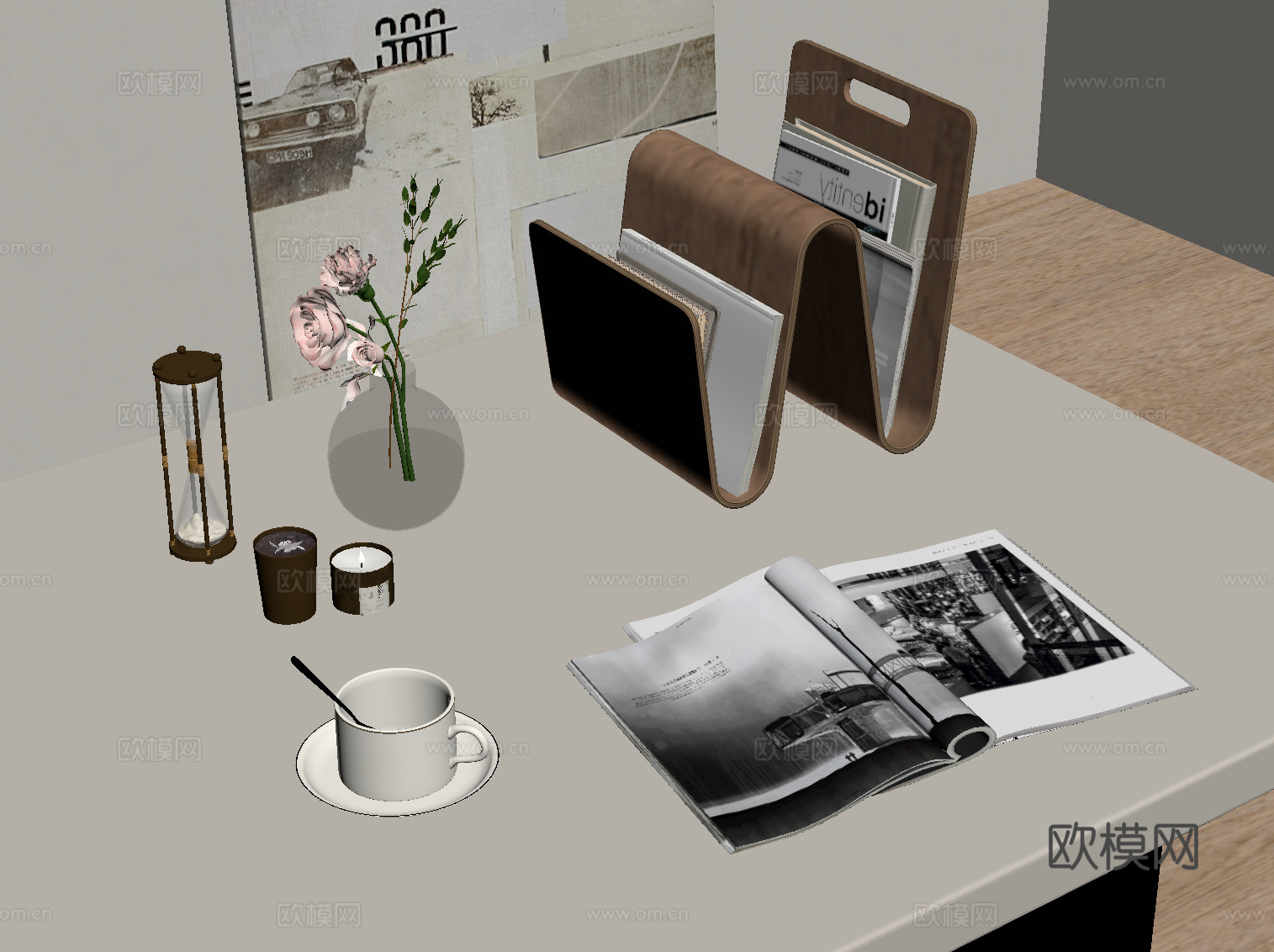 现代摆件组合 书架 花瓶su模型