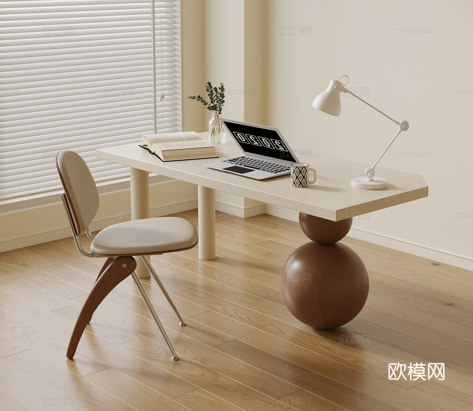 现代中古风书桌椅 奶油风书桌椅 休闲桌椅su模型