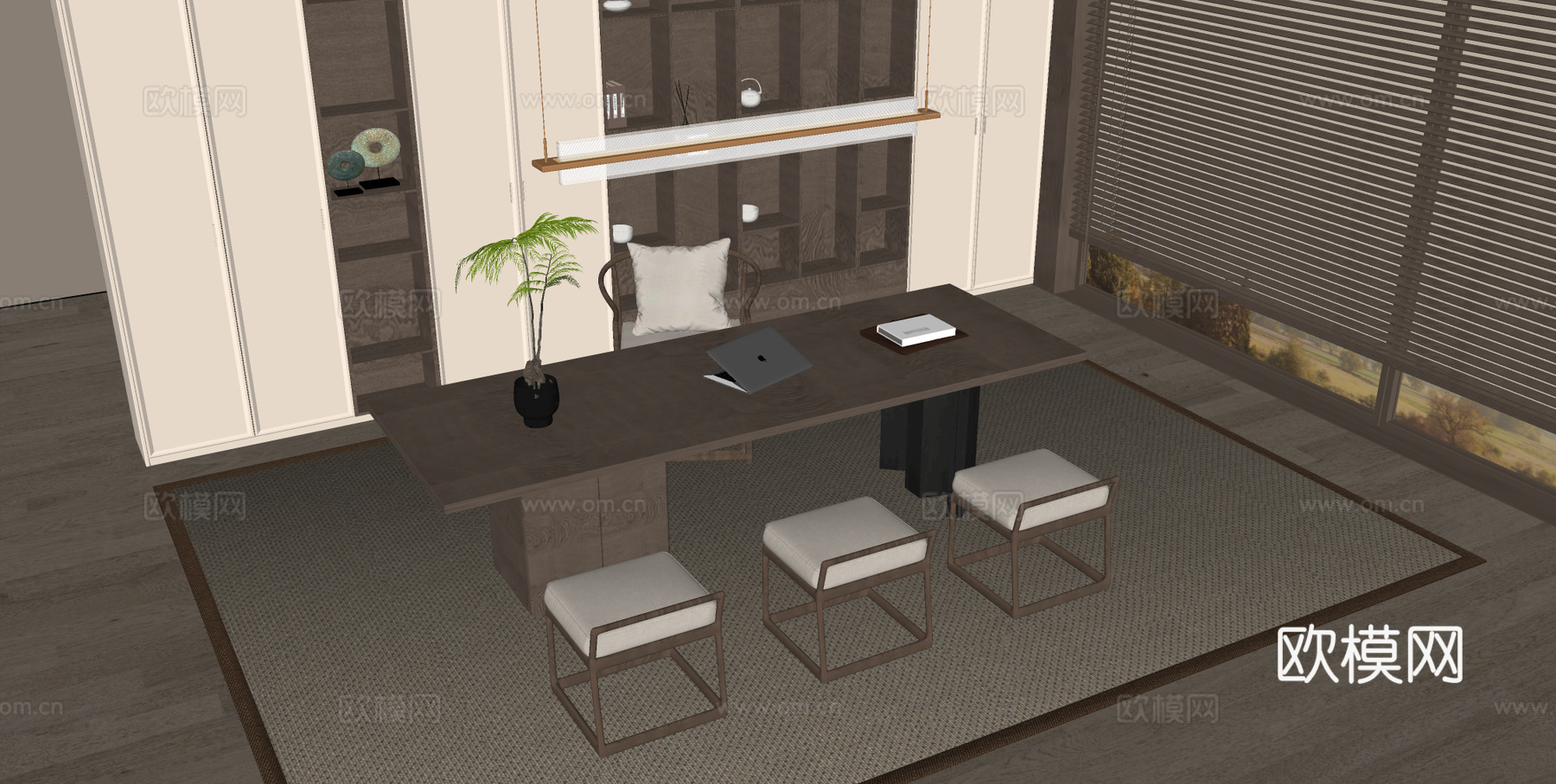 宋式禅意书房 书柜背景 禅意书桌椅组合 长形书桌su模型