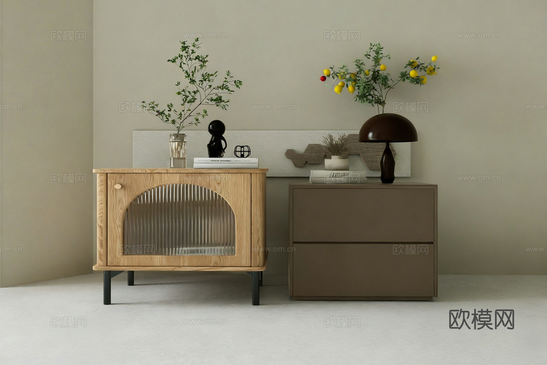 现代简约边柜 矮柜 原木色 弧形玻璃门 边柜 波纹玻璃su模型