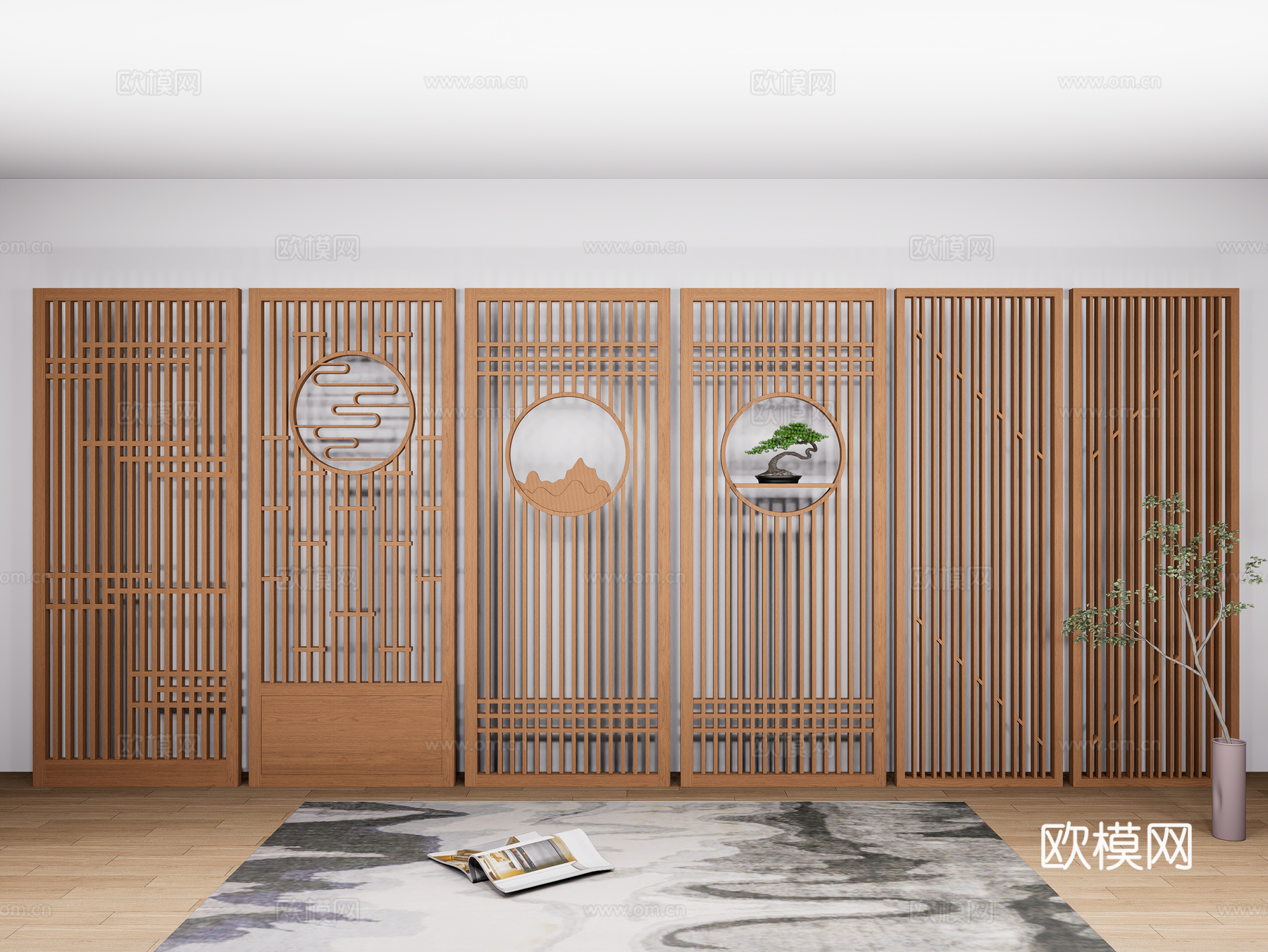 新中式镂空屏风隔断 木质隔断屏风 格栅隔断屏风 中式实木隔断su模型