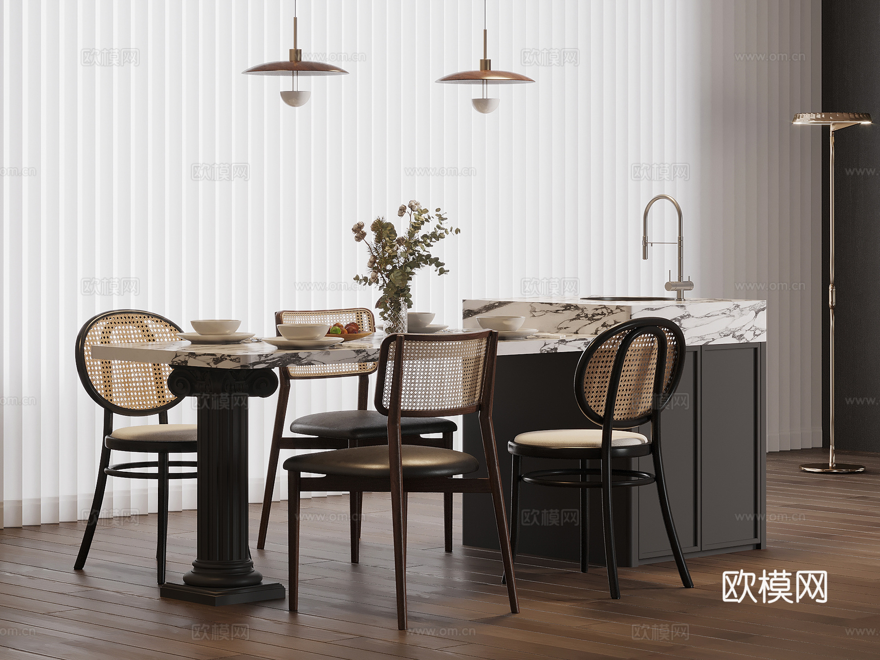 法式复古风岛台 餐桌椅3d模型下载