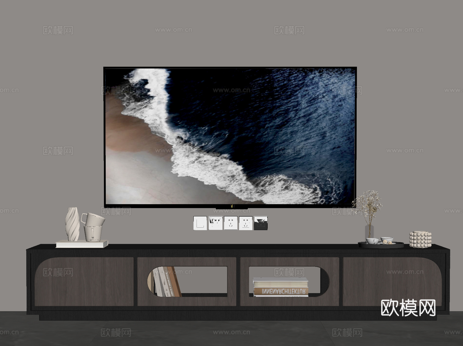 现代意式电视柜 边柜su模型下载（渲染图2）