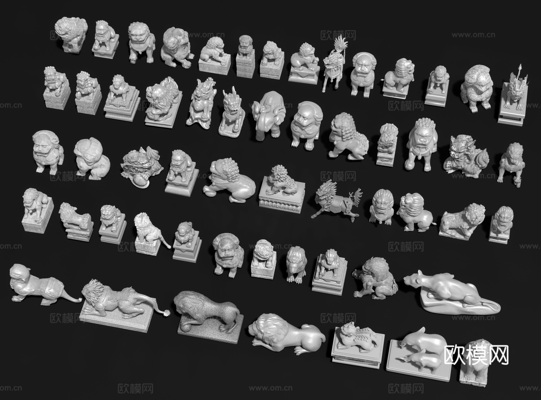 中式石狮子 貔貅 麒麟 石像 石雕门墩 神兽雕塑小品su模型