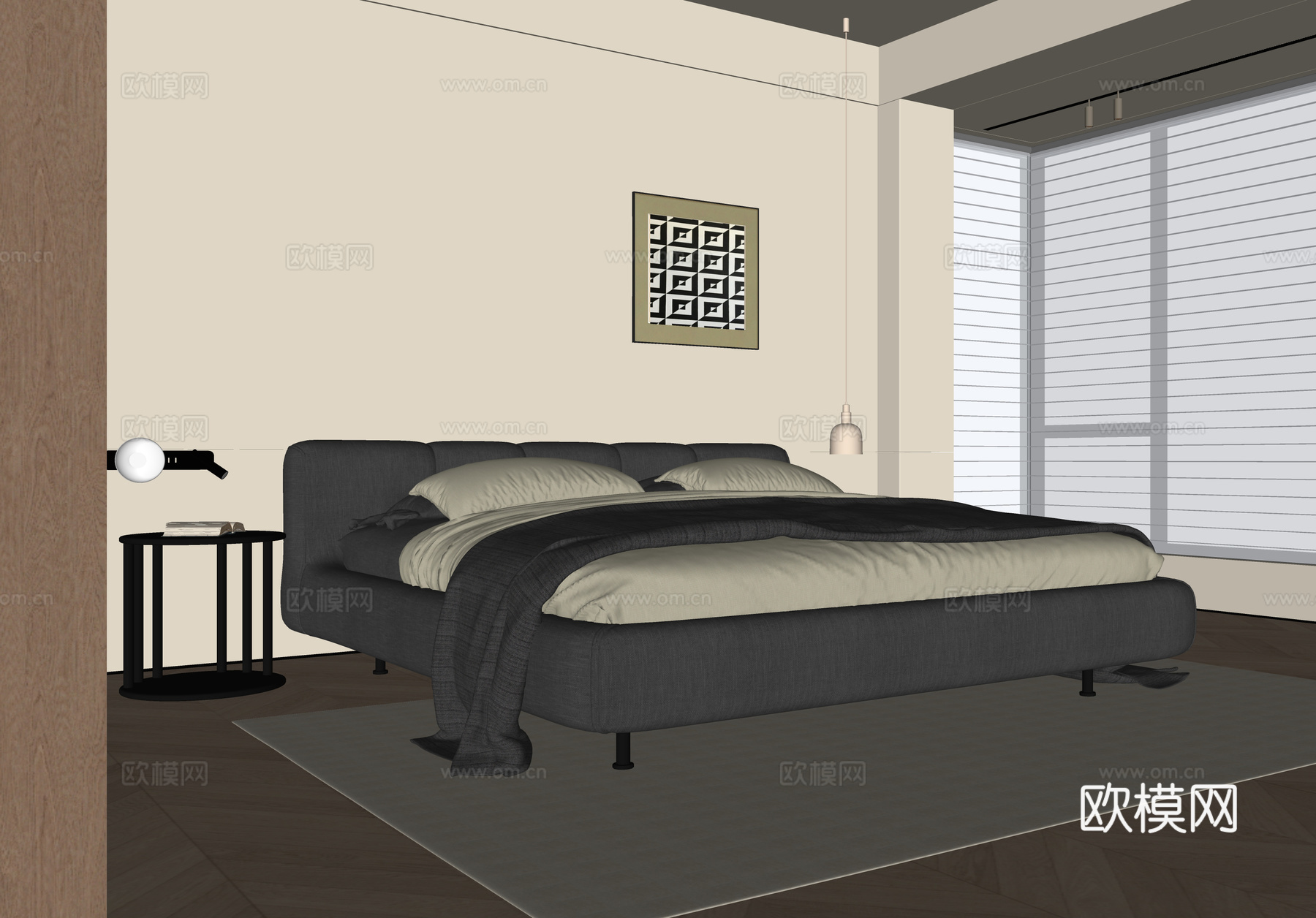 现代卧室 双人床su模型