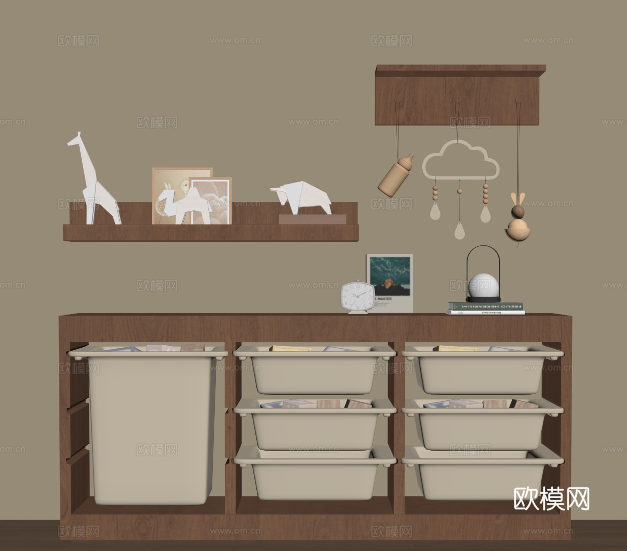 中古风玩具柜 墙饰 置物架 储物柜su模型