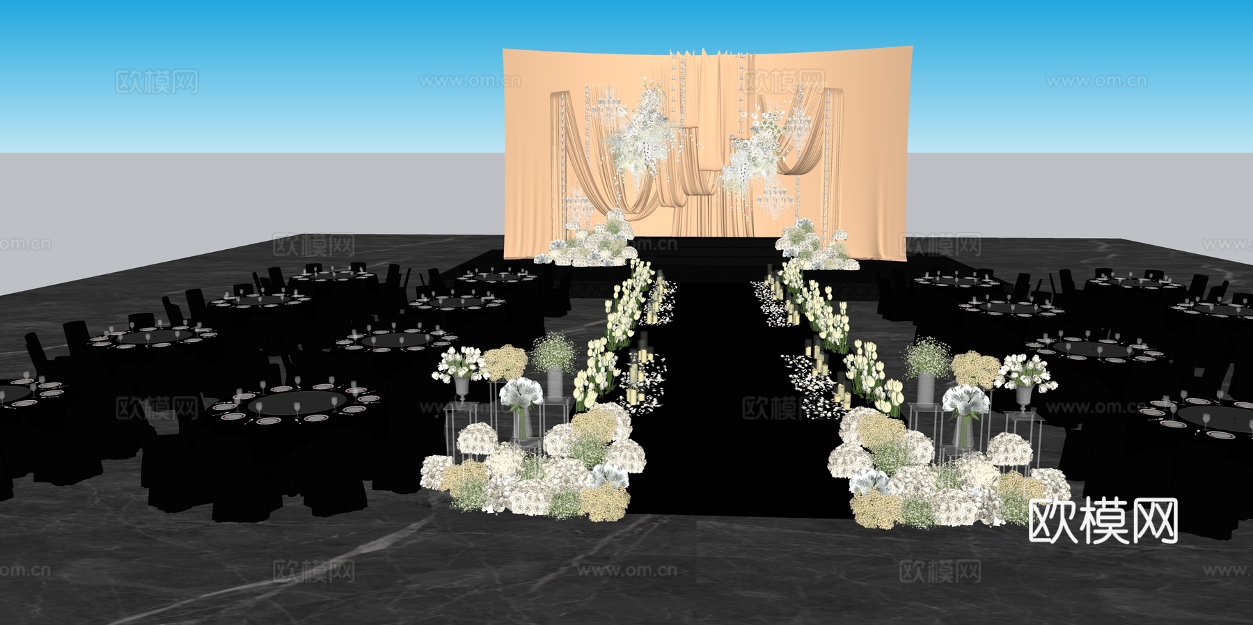 香槟色小众布幔造型婚礼花艺美陈su模型