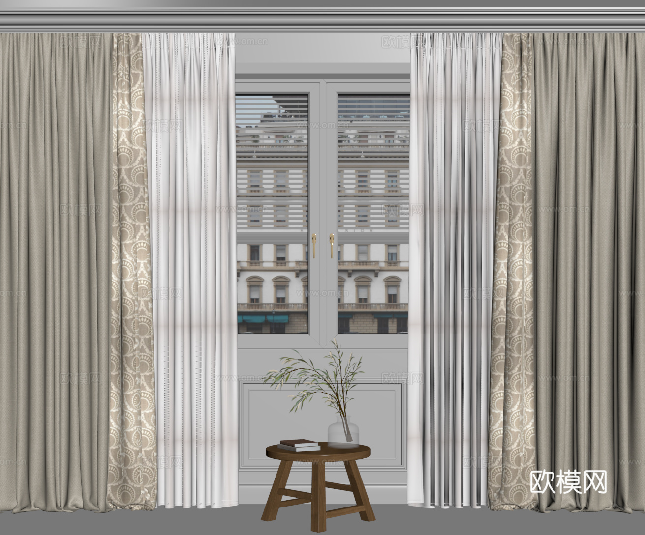 现代窗帘 纱帘 布艺窗帘su模型