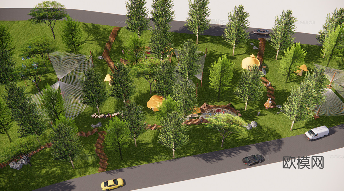 现代儿童游乐区 木质儿童乐园su模型