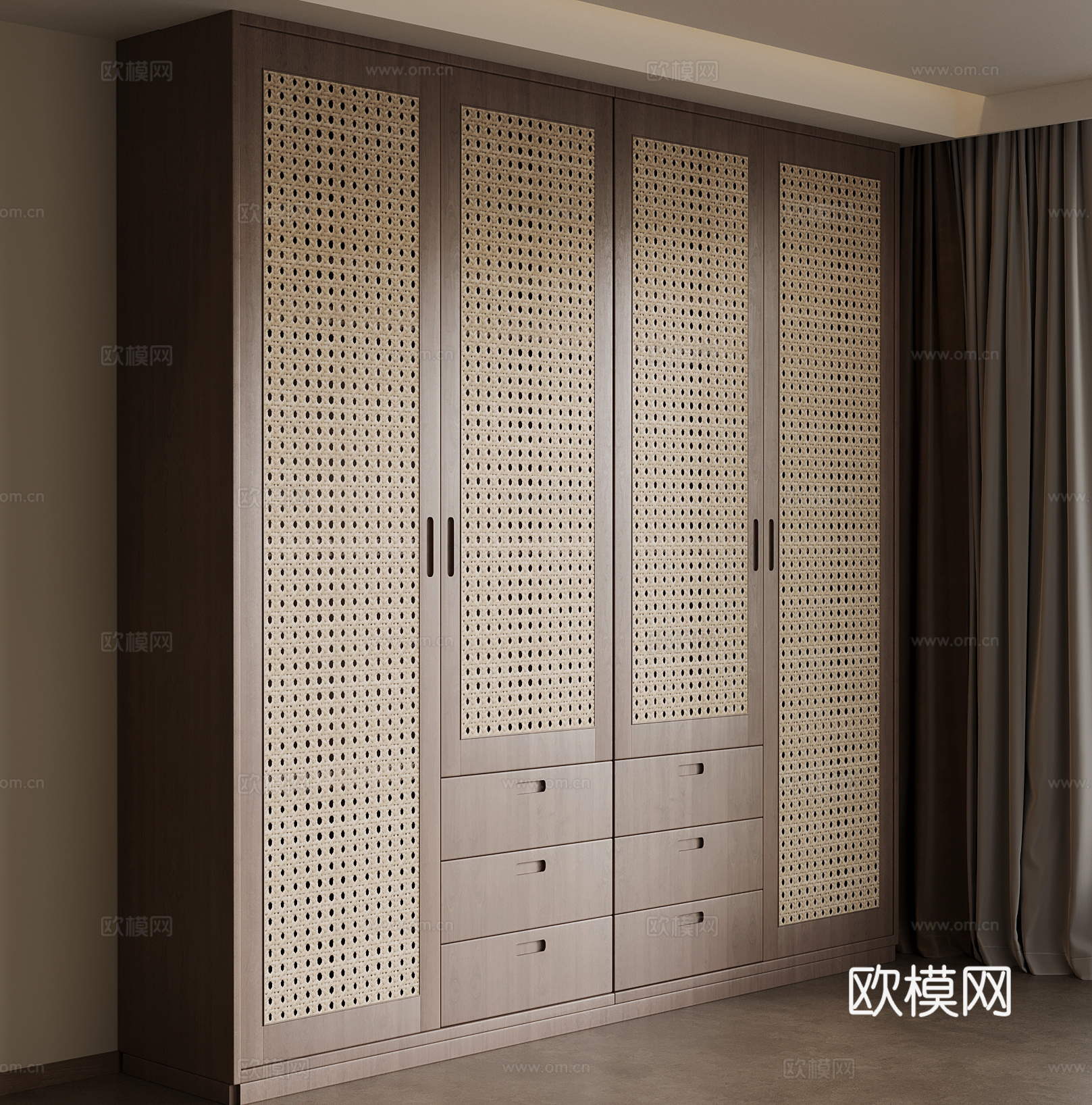 中古风衣柜 藤编柜门su模型