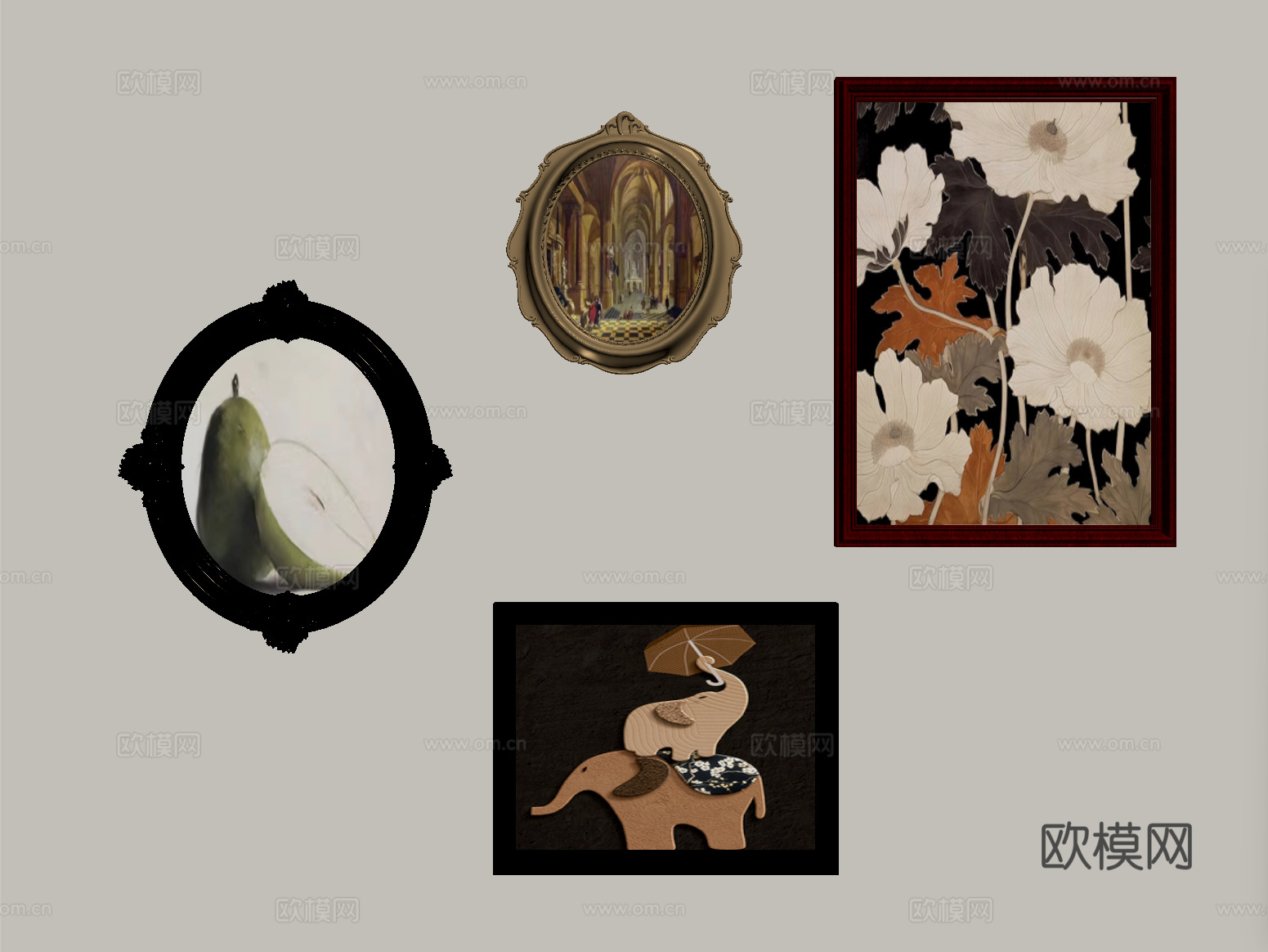 美式装饰画 挂画组合su模型