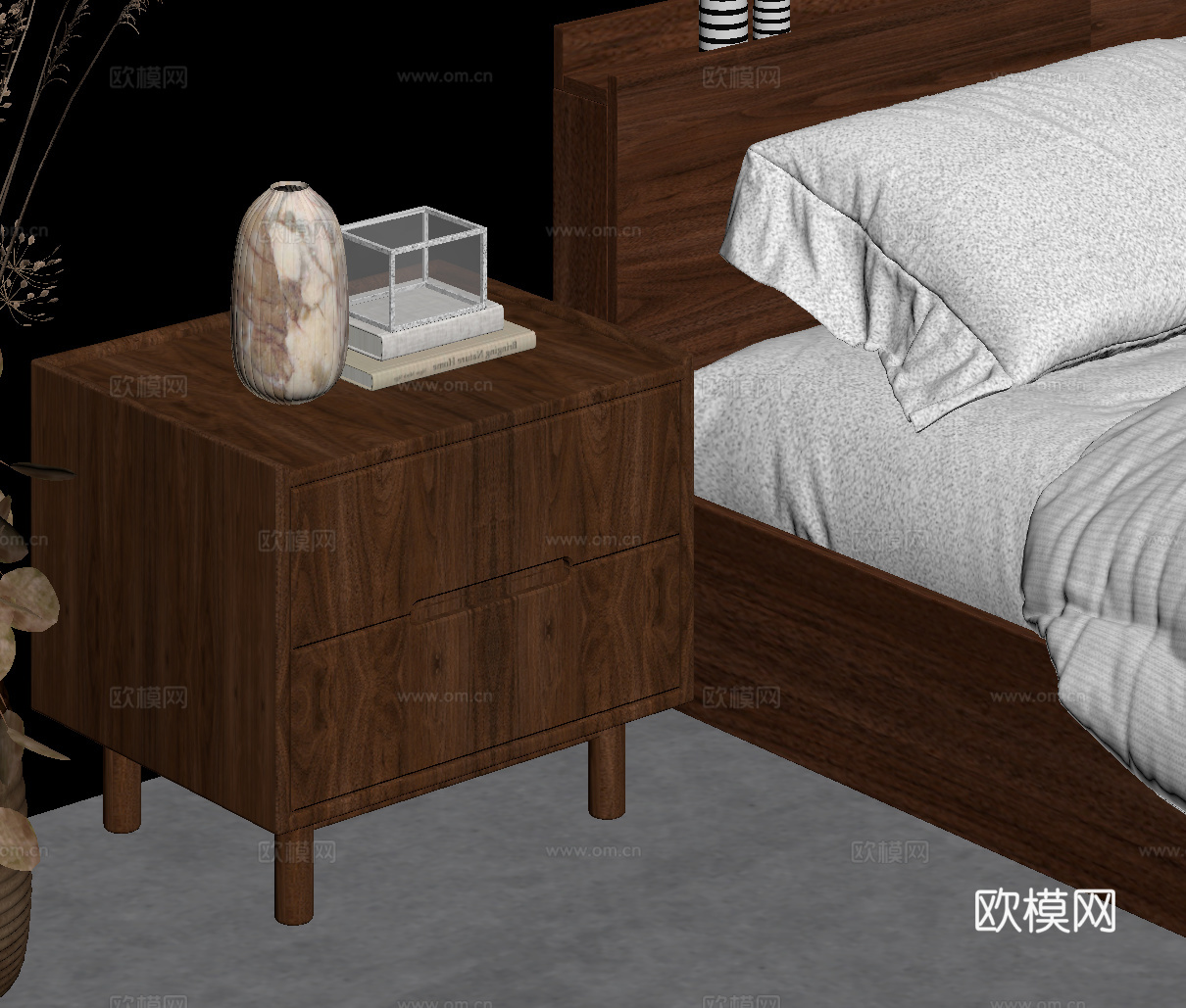 中古风床头柜 实木床头柜su模型