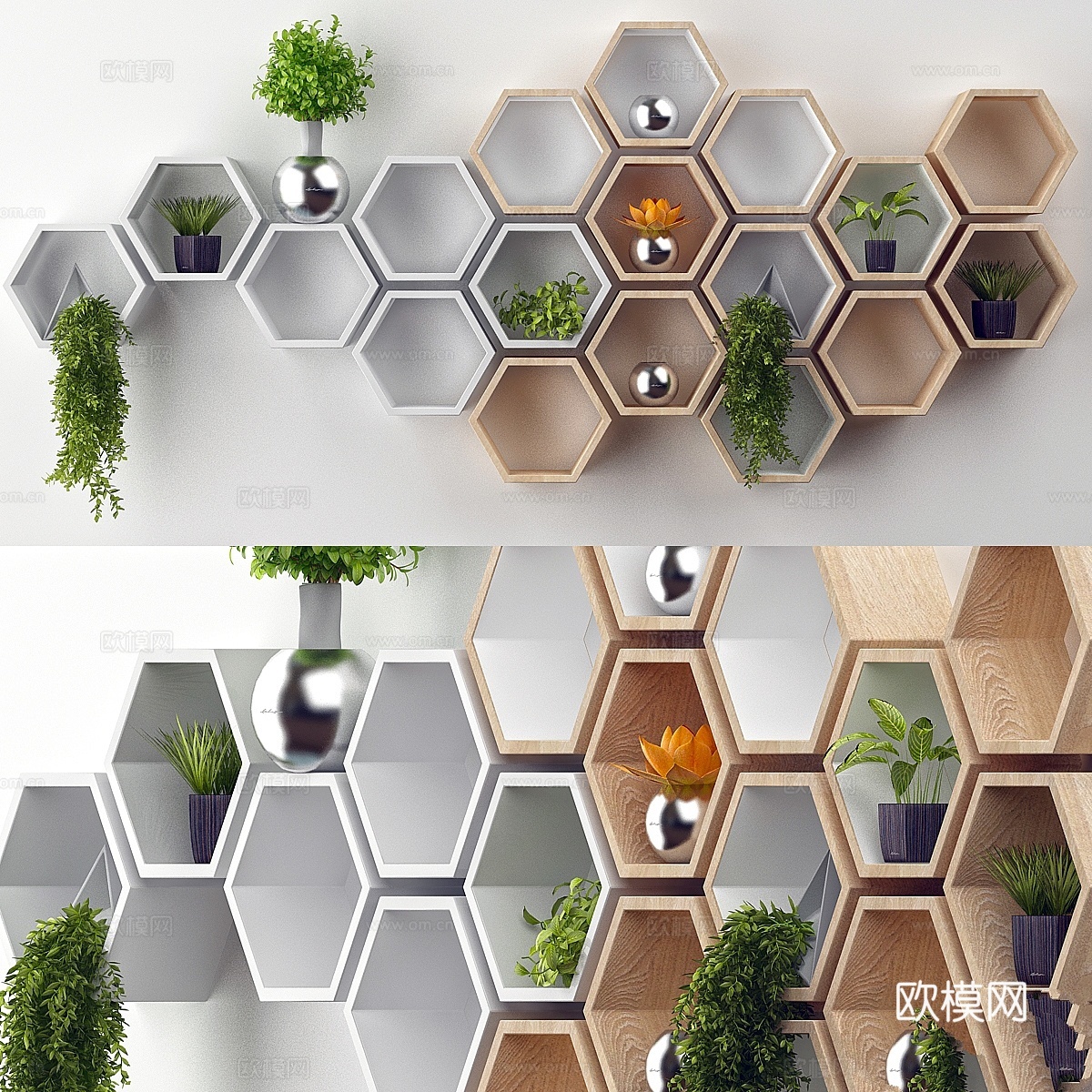 原木橡木质朴六角形壁架3d模型下载