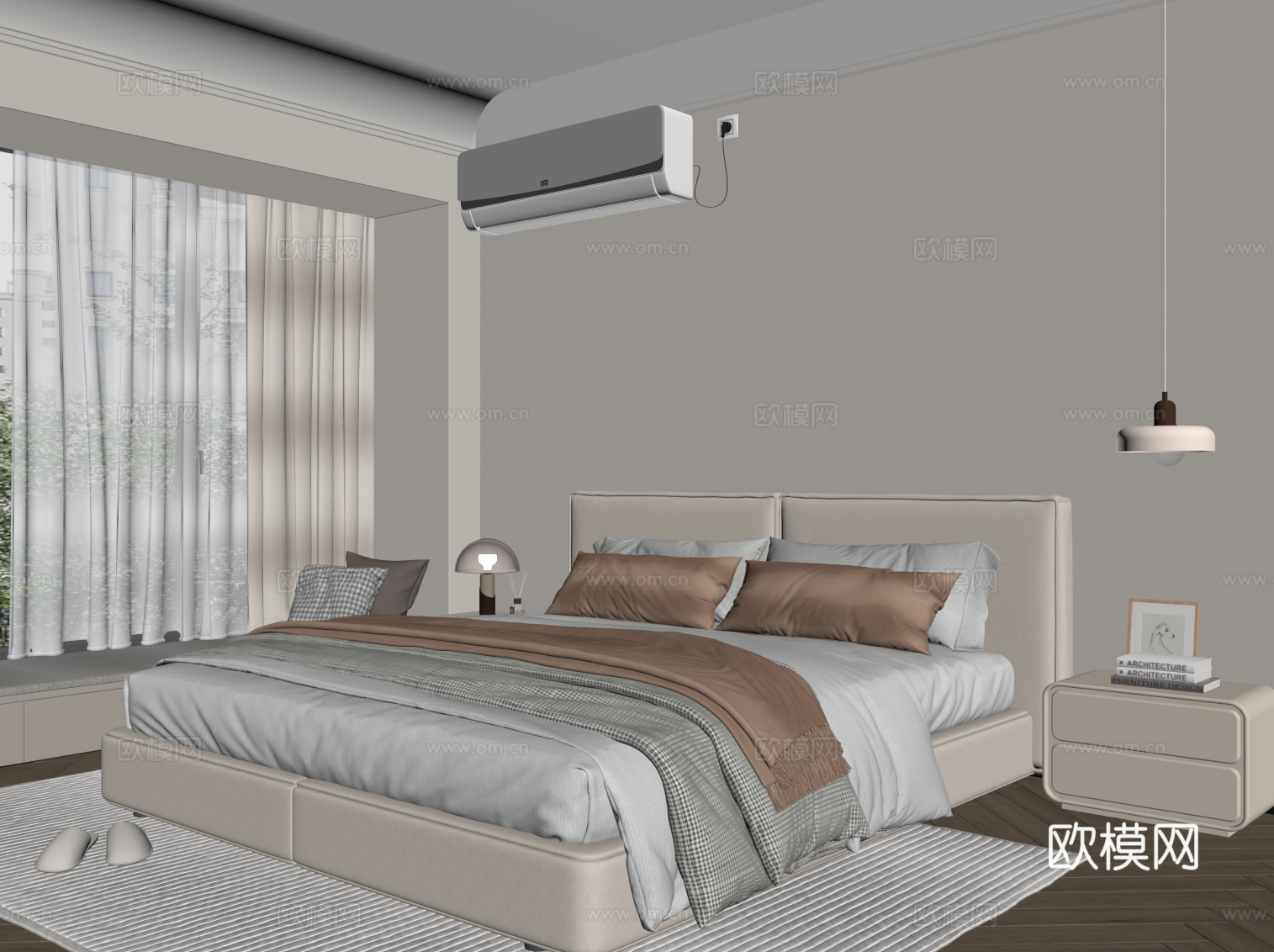现代卧室 双人床 飘窗台 床头柜su模型
