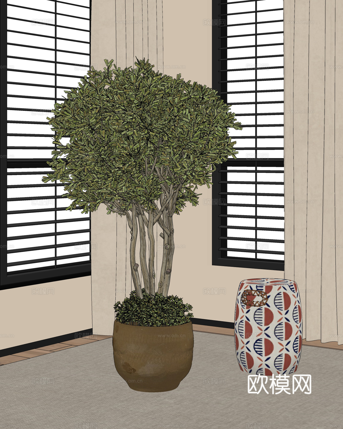 中古风盆栽盆景 植物 绿植 花盆su模型