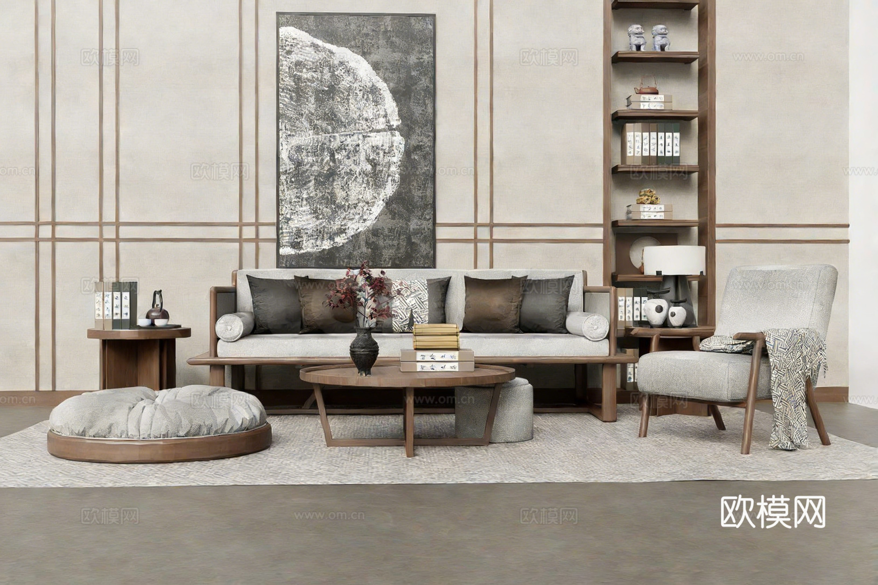 新中式沙发茶几组合 浅灰色布艺沙发 木质书架 置物架 满墙书su模型下载（渲染图1）