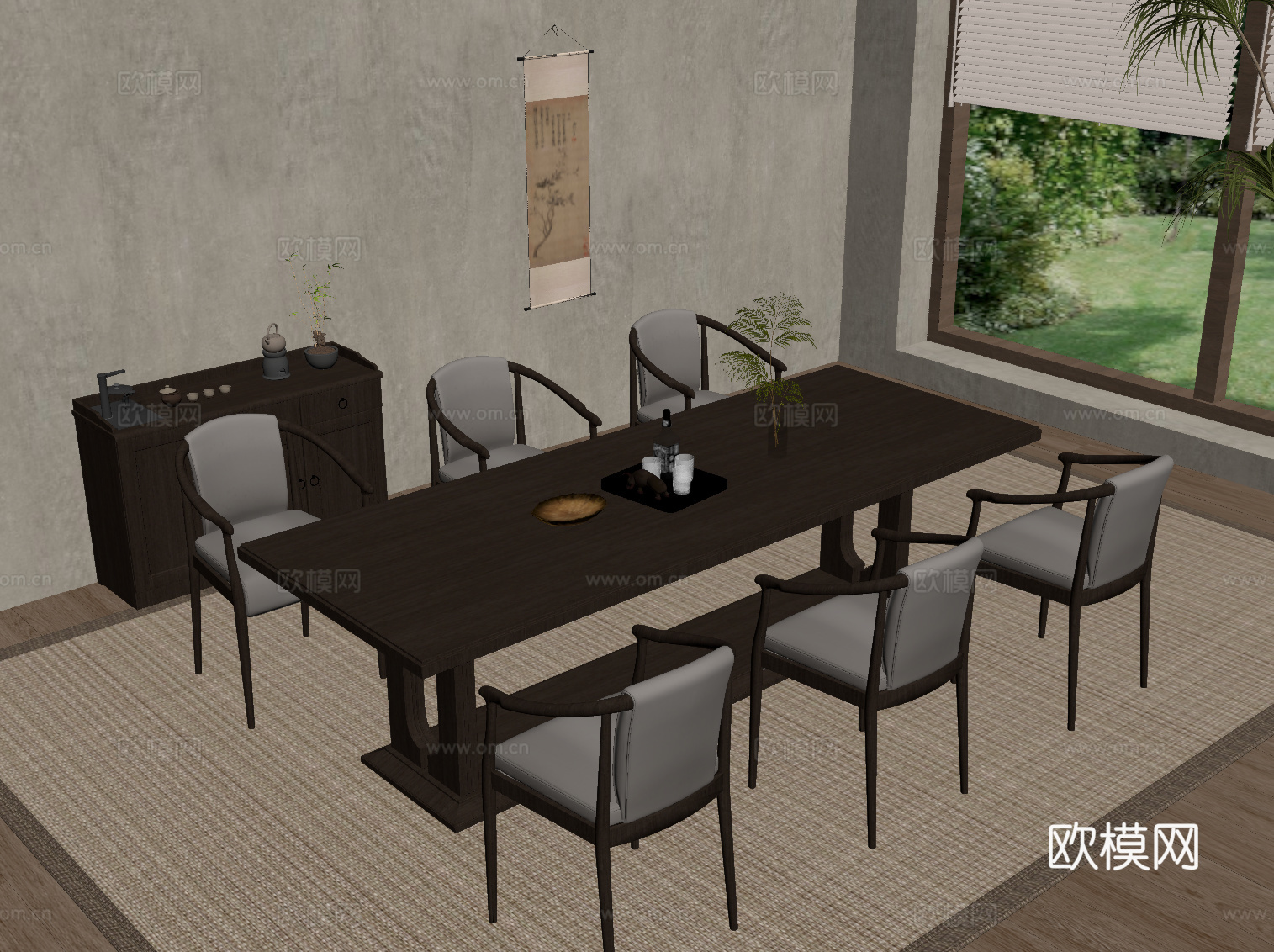 新中式餐桌椅 实木条形餐桌su模型