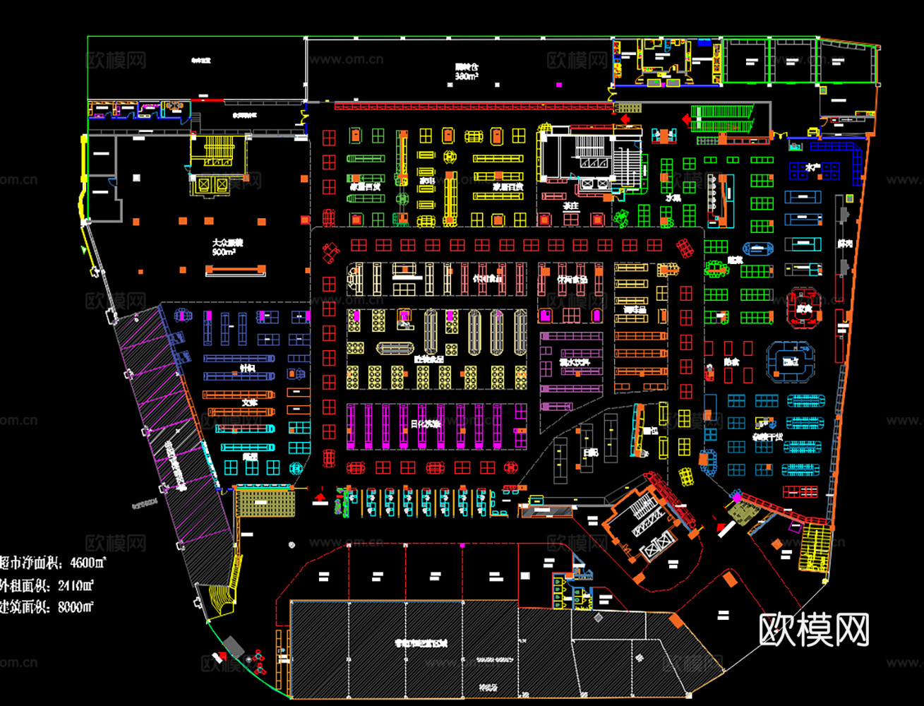 大型超市，生鲜果蔬店，水果店，超市，CAD施工图纸附效果图cad施工图