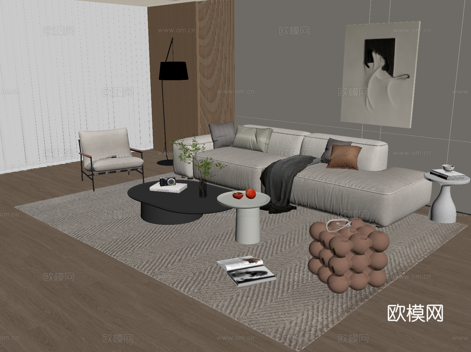 现代奶油风沙发茶几组合su模型