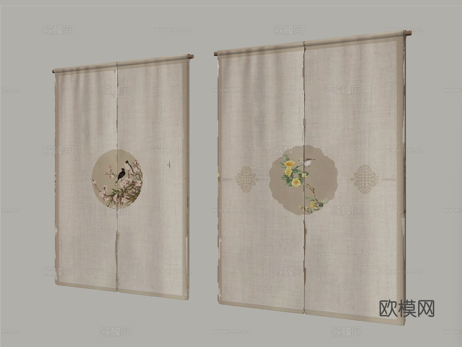 新中式窗帘 门帘 布帘su模型