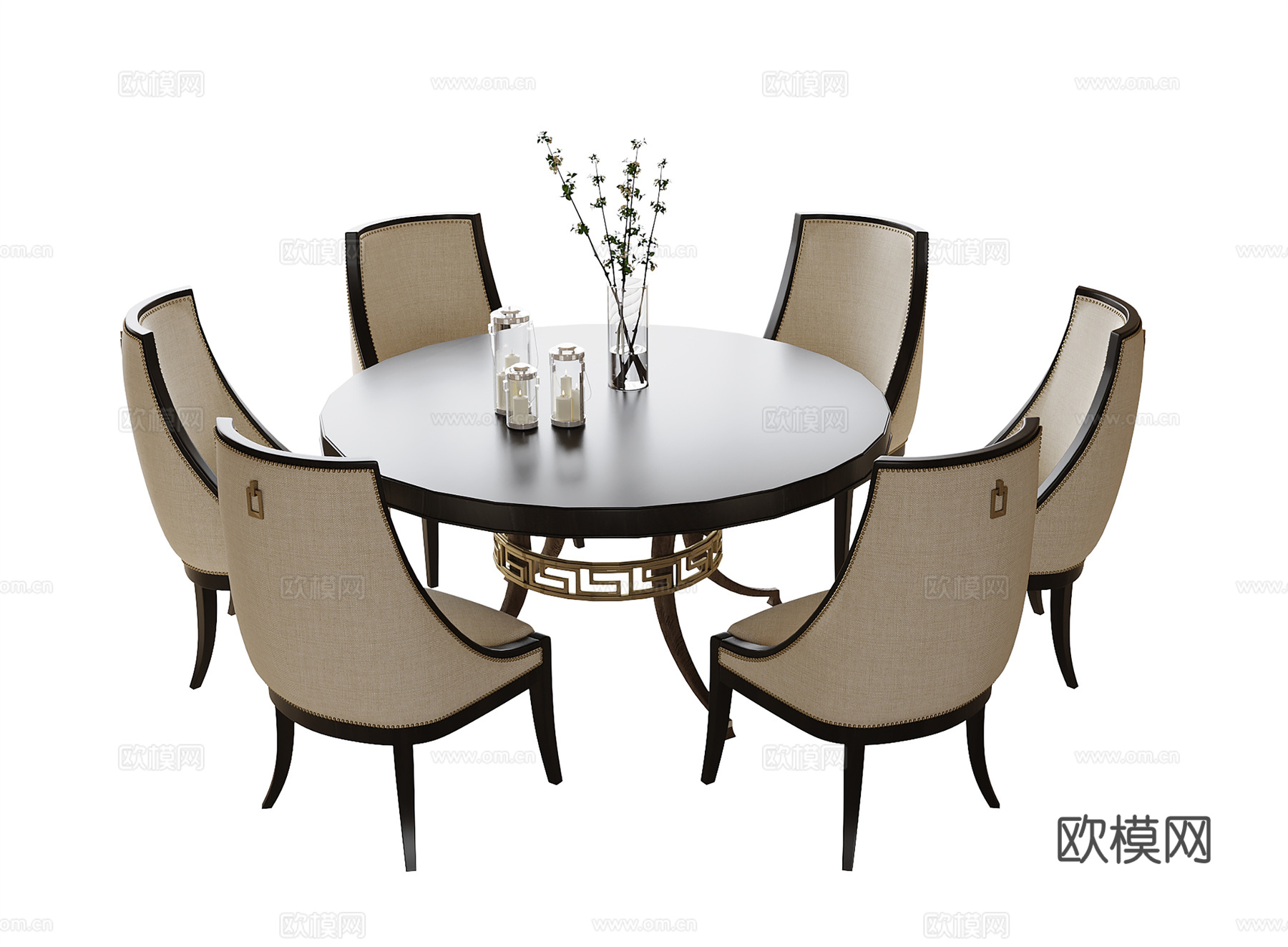 美式餐桌椅 餐椅 圆形餐桌su模型下载（渲染图1）