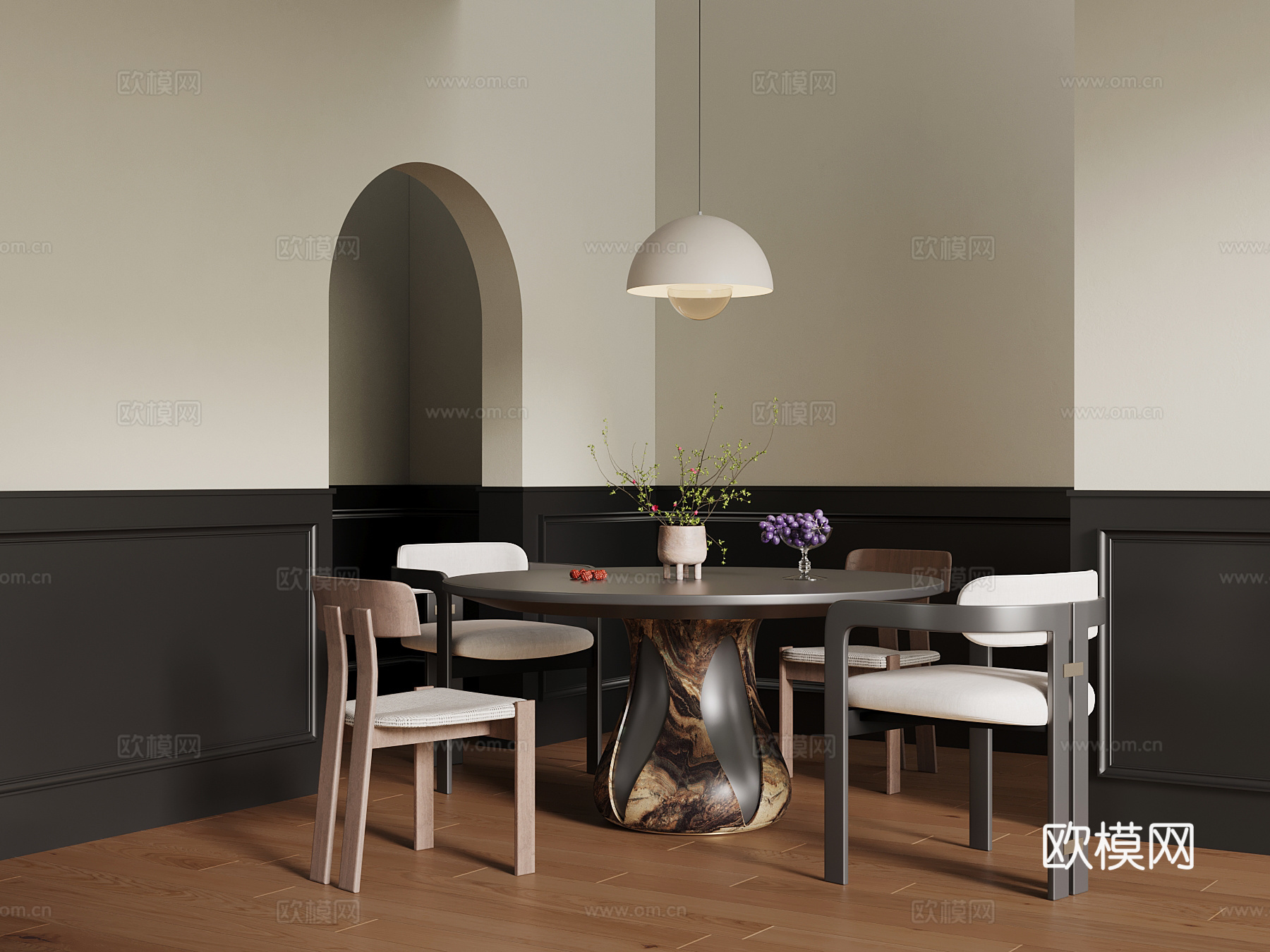 中古风餐桌椅 圆桌su模型