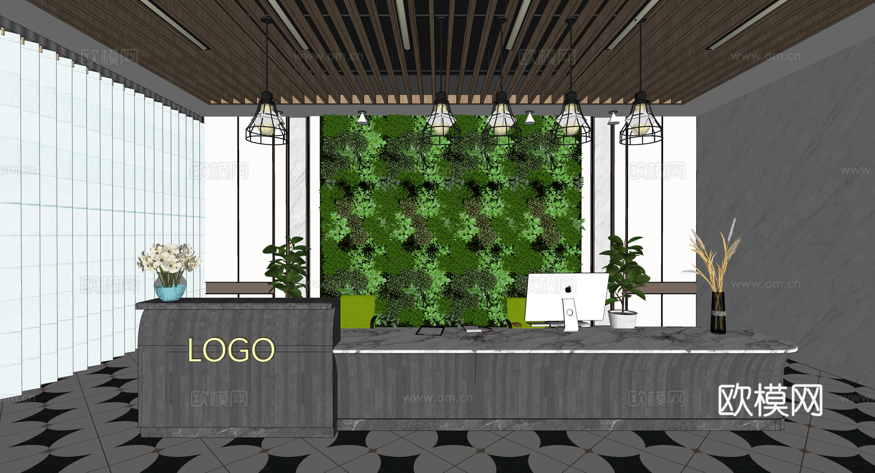 0047现代简约办公室前台接待台su模型下载（渲染图2）