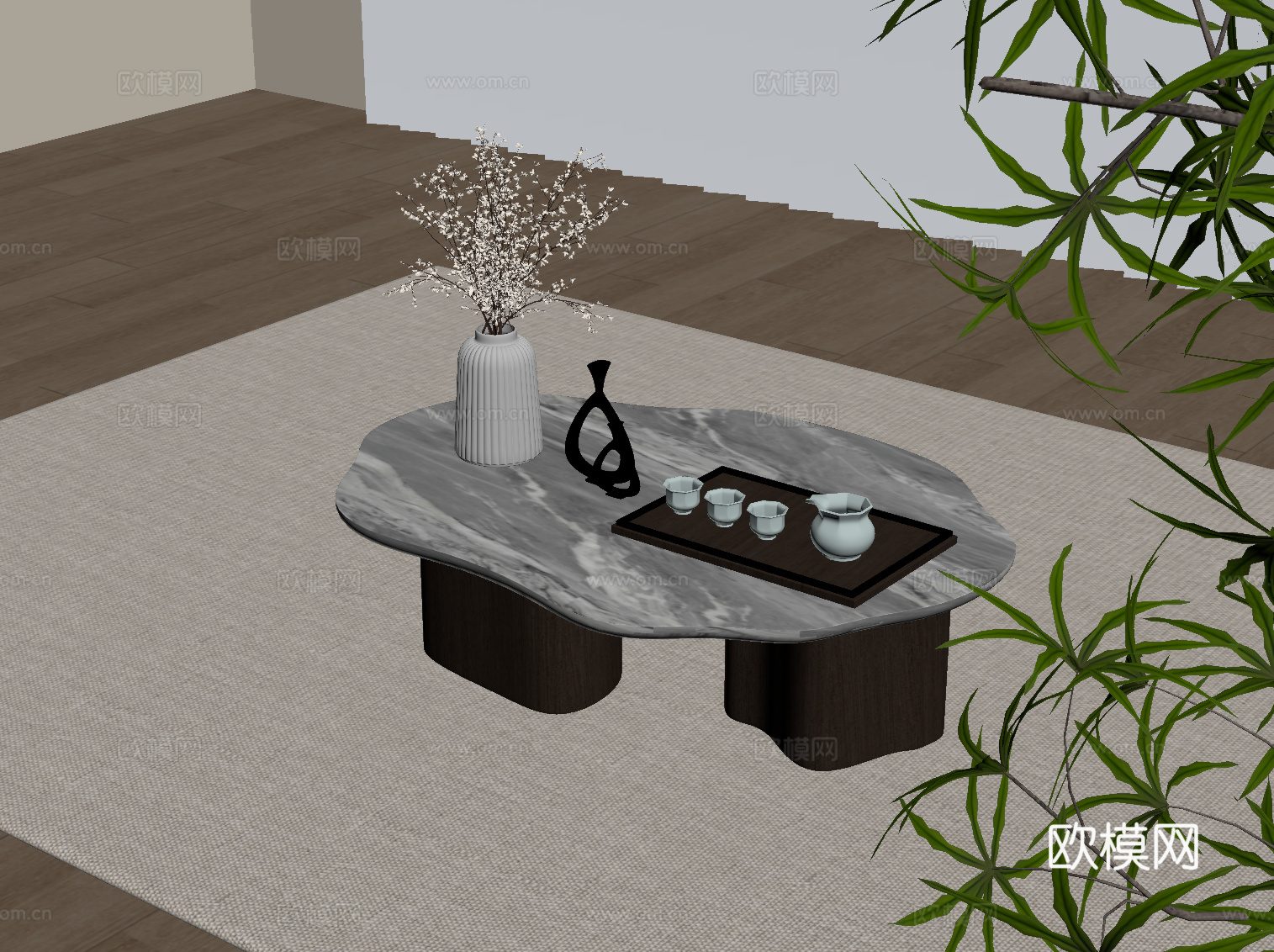 新中式茶几 异形茶几su模型