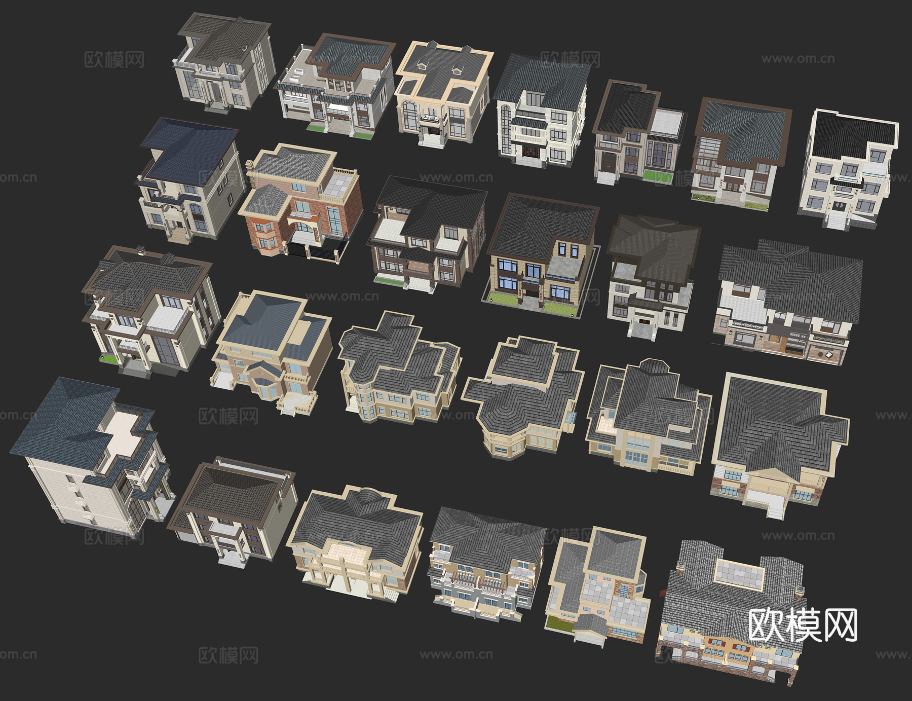 新中式独栋别墅 特色别墅 乡村别墅 现代多层别墅农村斜顶别墅su模型