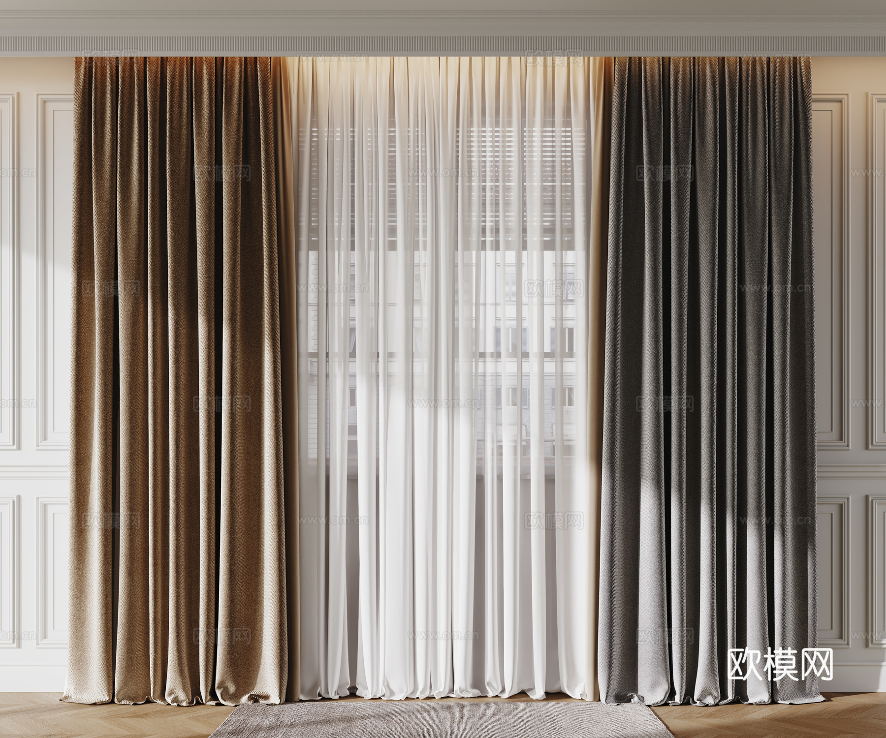现代窗帘 纱帘 布艺窗帘su模型