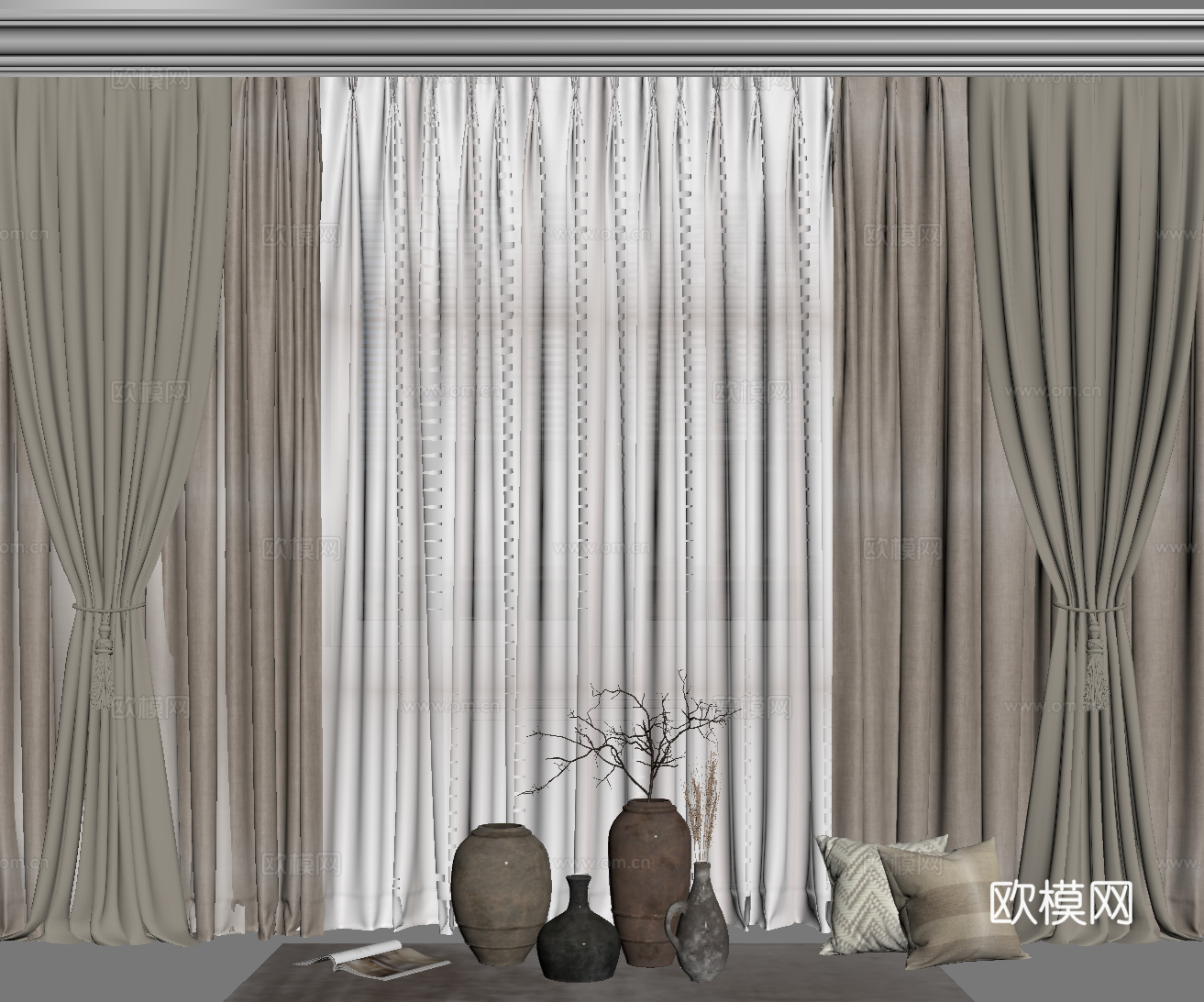 现代窗帘 纱帘 布艺窗帘su模型