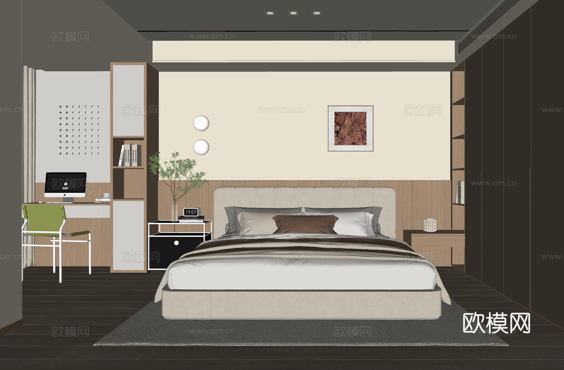 现代卧室 双人床 床头柜su模型