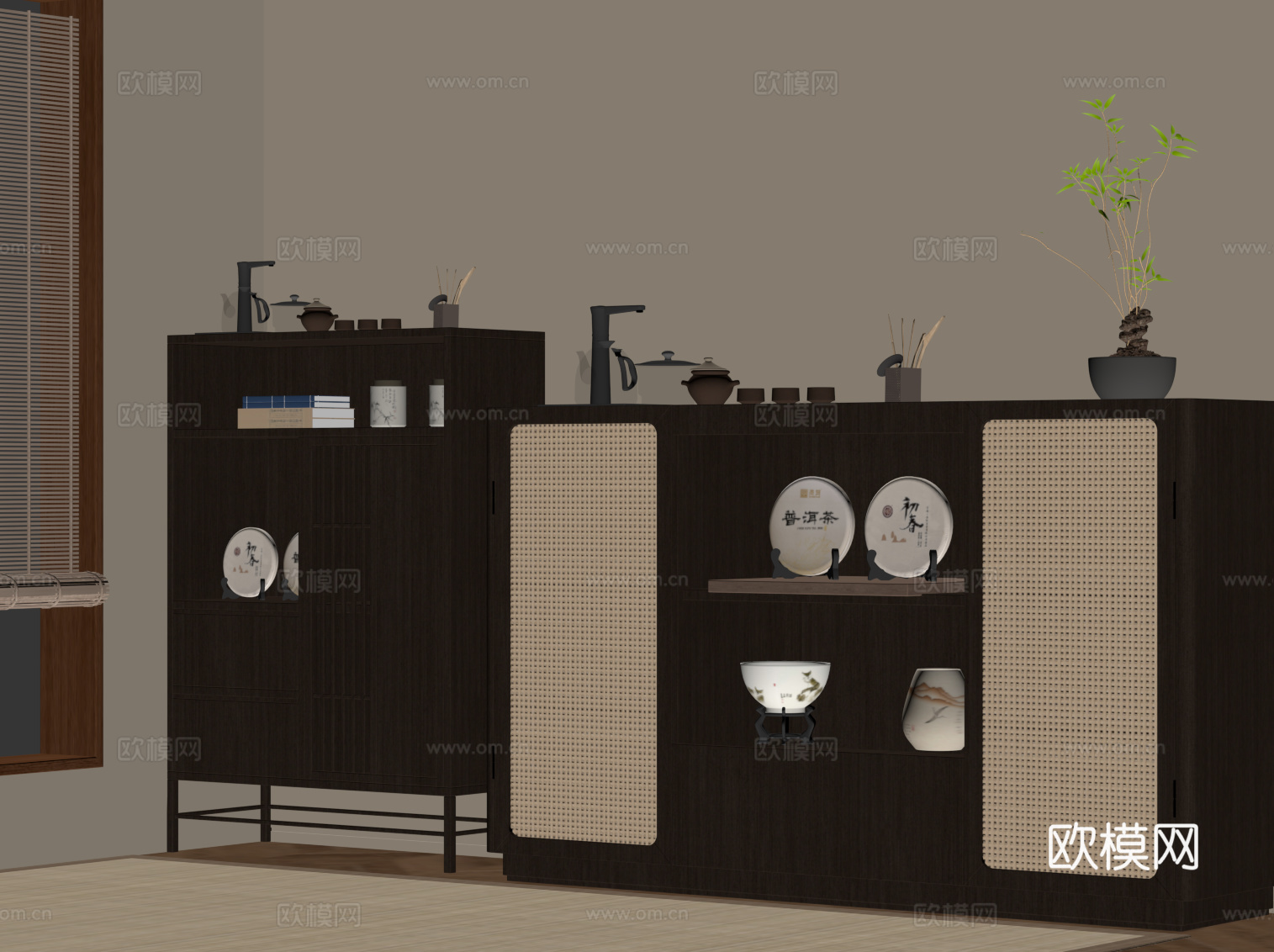 新中式茶柜 茶水柜 茶具su模型su模型