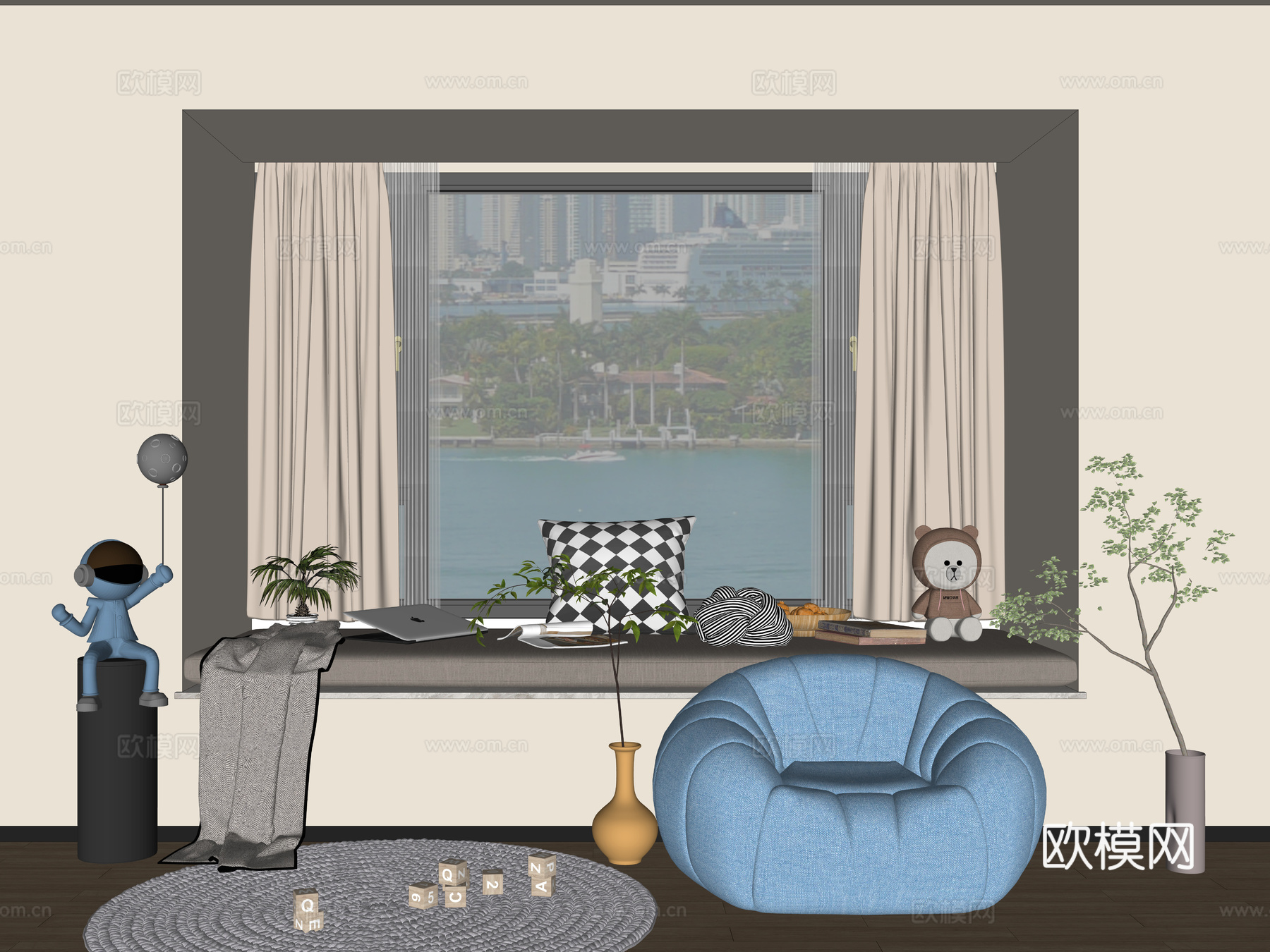 现代家居卧室飘窗 飘窗榻榻米 飘窗坐垫 卧室休闲飘窗su模型