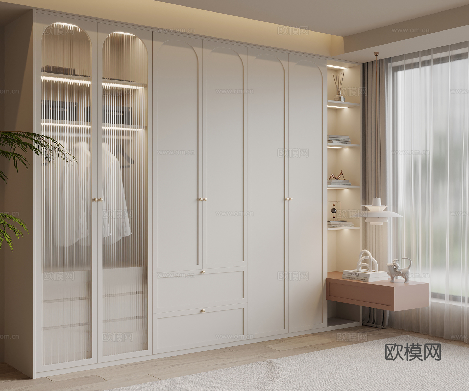 法式奶油风衣柜 床头柜 一体柜su模型