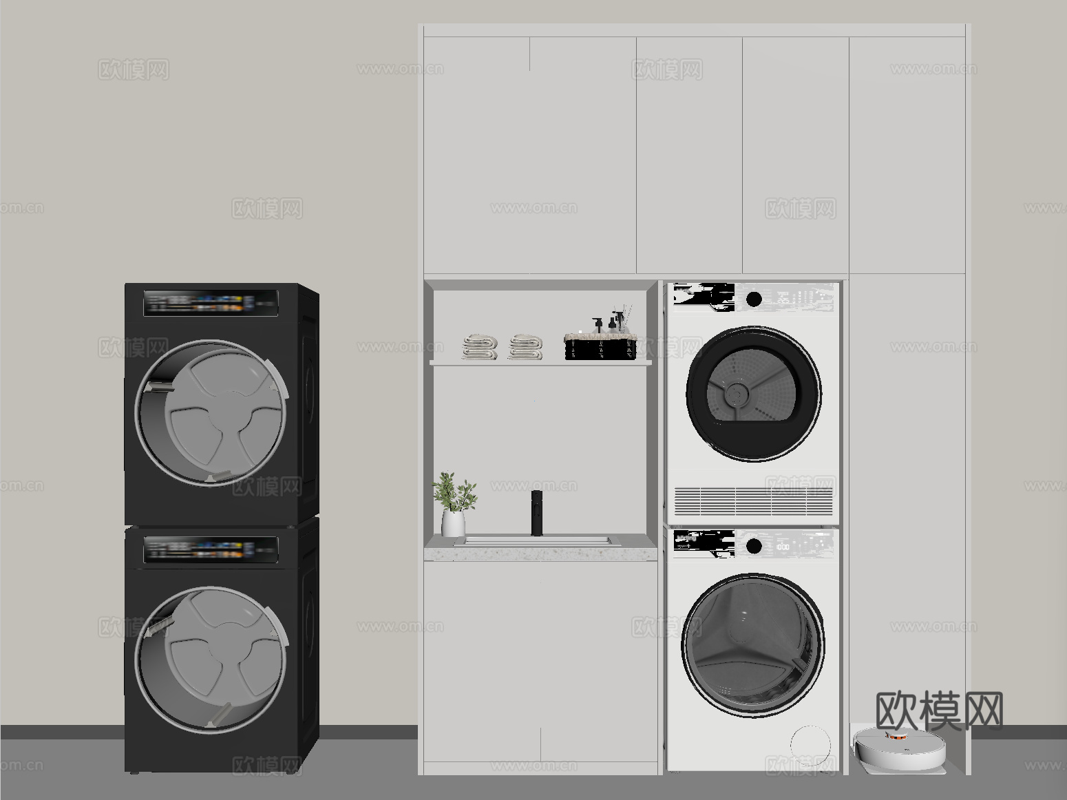 现代洗衣机柜  洗衣机 烘干机 扫地机器人 卫浴用品su模型